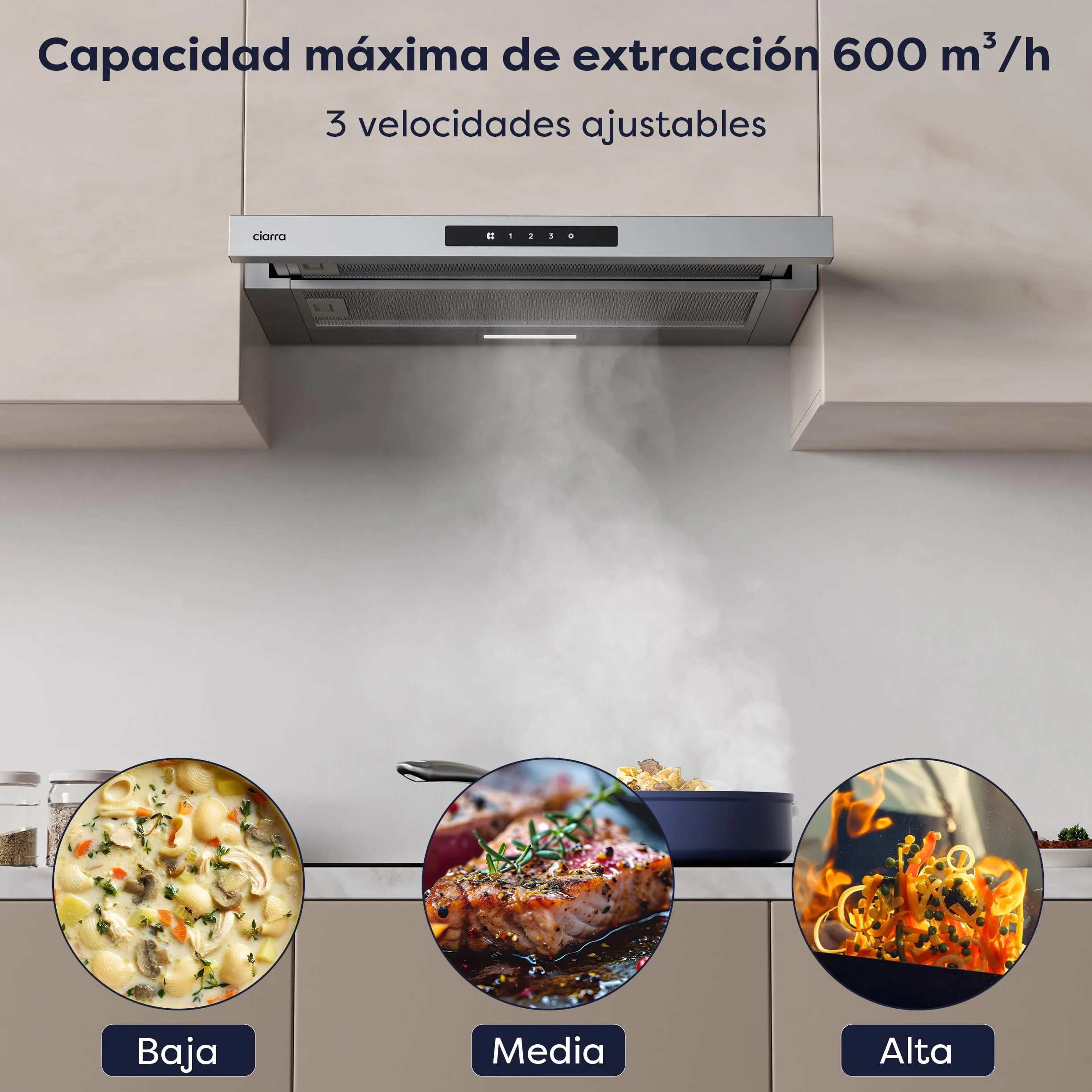 CIARRA CBCS6909A Campana Extractora Telescópica 60 cm 600 m³/h Clase A+ Acero Inoxidable Control Táctil LED