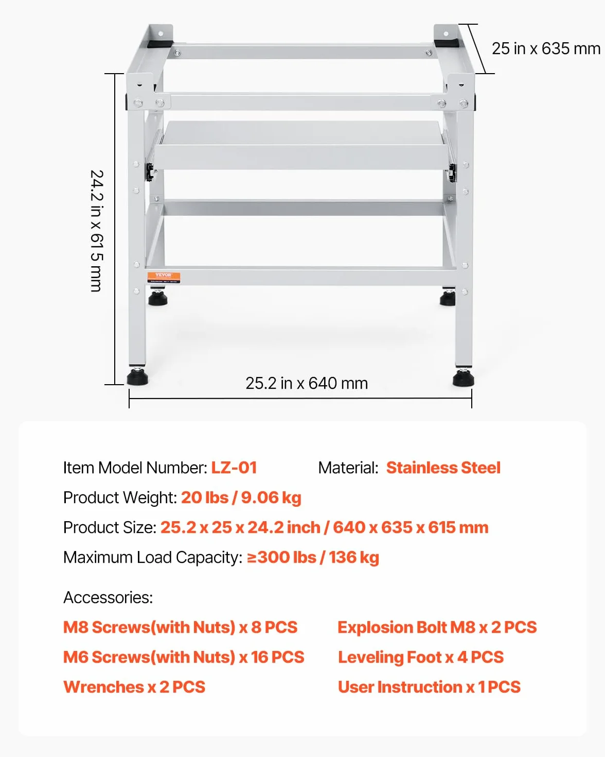 VEVOR Soporte para lavadora de 640 x 635 mm Pedestal para Lavadora de Acero al Carbono Capacidad de Carga de 136 kg Base de Pedestal para Lavadora y Secadora con Bandeja para Levantar Lavadoras
