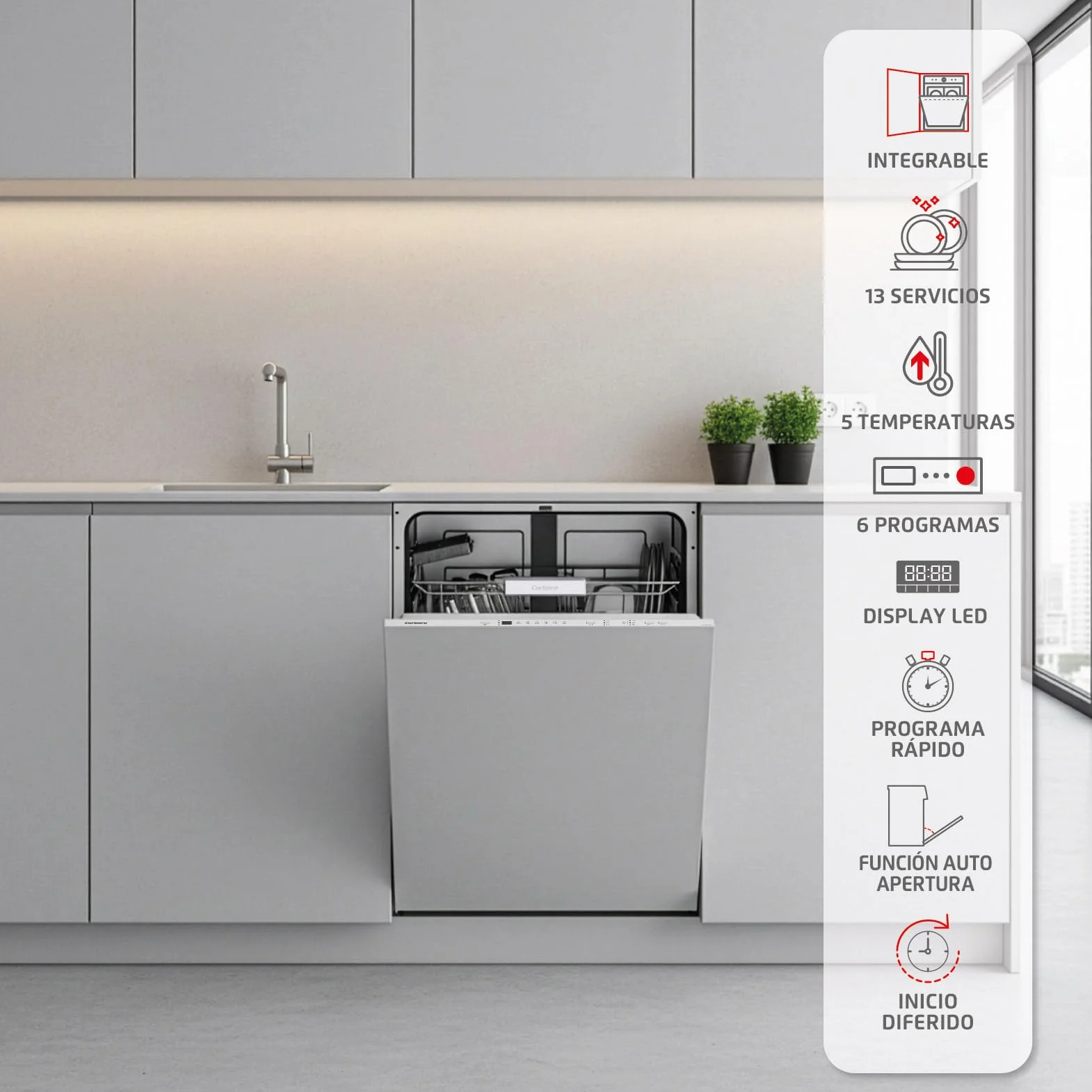 Corberó - Lavavajillas integrable 60 cm | CLVM8626I | 13 cubiertos | 6 programas | Tercera bandeja mini | Función ECO| Media Carga| Función 3 en 1 | Auto Apertura | Inox