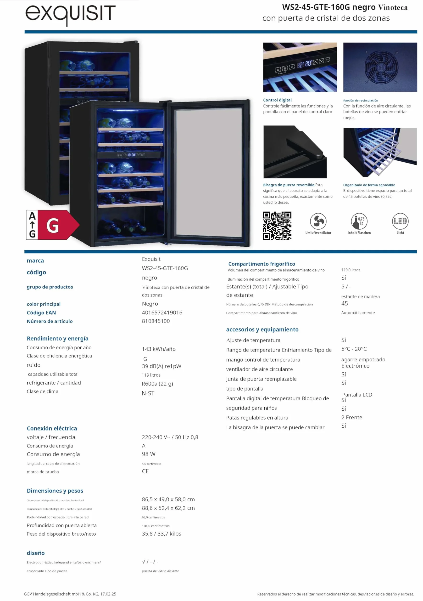 Exquisit® Vinoteca para 45 Botellas, 119L, Negro, Clase G, Dos Zonas de Temperatura 5-20°C, Control Digital LCD, Puerta Reversible de Cristal, Iluminación LED, Medidas (86,5 x 49,0 x 58,0 cm).
