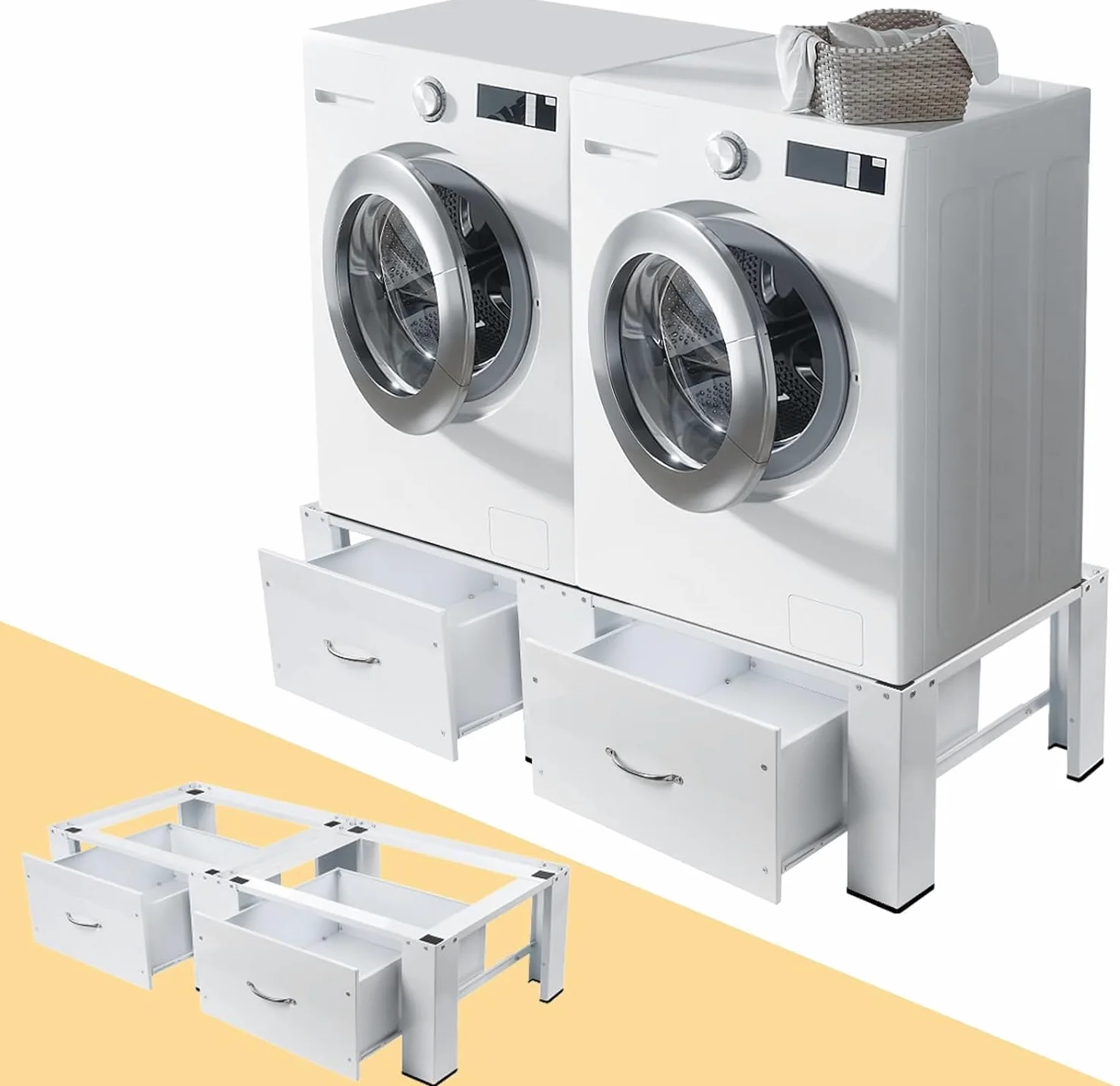 Estructura de acero de 2 compartimentos para lavadoras, secadoras, incluye cajones | Hasta 300 kg, 126 x 54 x 32 cm, doble armario de base doble, pedestal para lavadoras, pedestal elevador