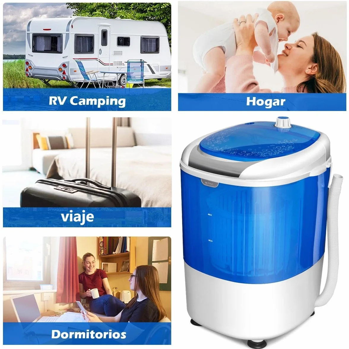 COSTWAY 2,5 kg Lavadora Portatil, 170W Mini Lavadora Semiautomática con Centrifugador para Camping, 2 en 1 Lavadora Pequeña con Pulsador y Bañera Giratoria para Viajes y Caravanas Camper
