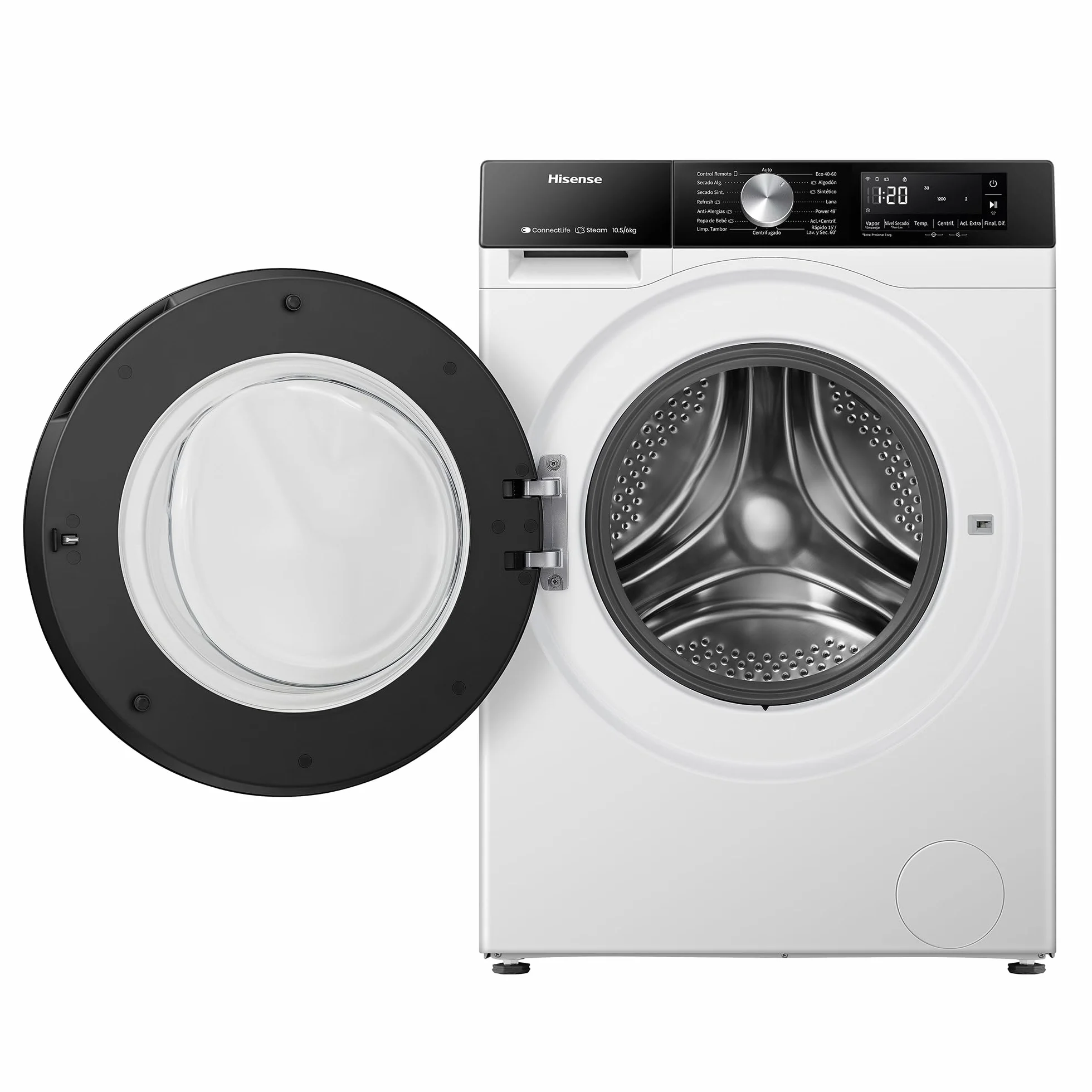 Hisense WD3S1043BW3 - Lavadora Secadora 2 en 1 con Vapor,Clase D/A, Carga Frontal 10.5 kg Lavado, Secadora 6 kg, Conectividad WiFi, Programación Asistida, Monitor de Consumo, Serie 3S, Blanco