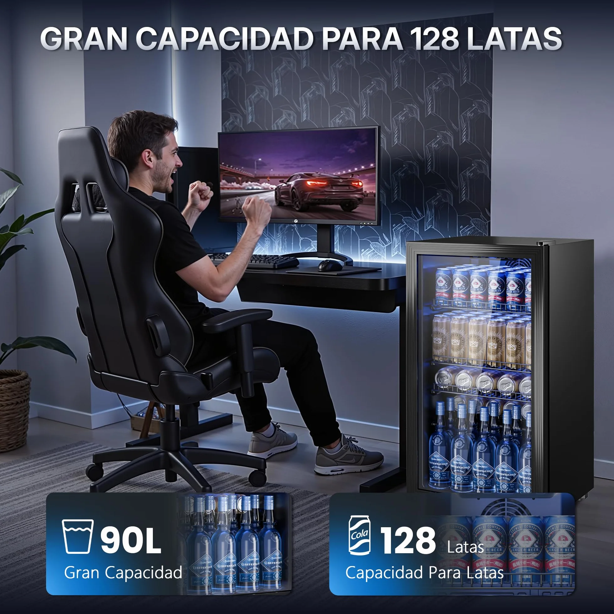 TRIUMPHKEY Frigorífico para Bebidas 90L con Puerta de Vidrio, Capacidad para 128 Latas, Estantes Ajustables para Cerveza, Vino y Refrescos, Mini Nevera Ideal para Hogar, Bar y Oficina