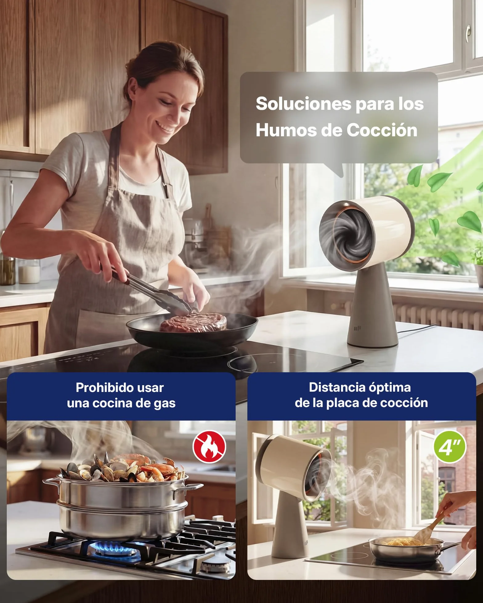 Upstreman Campana Extractora Portátil de Mesa con 3 Velocidades, Bajo Ruido, Recipiente Grande para Aceite y Filtro de Carbón de Aluminio Extraíble, Beige