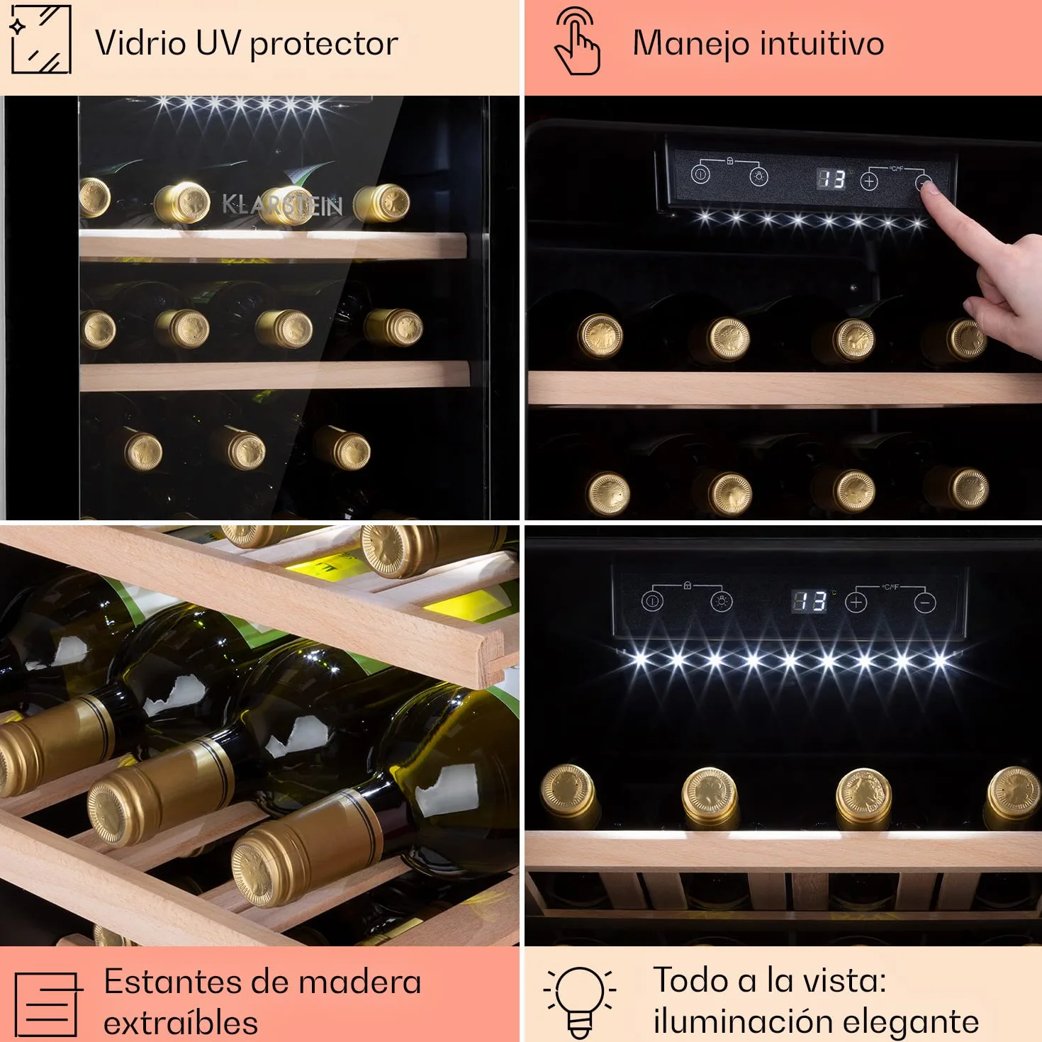 KLARSTEIN Vinoteca 19 Botellas, Nevera Vinos, Una Zona de Refrigeración, Nevera Expositora Vino y Cerveza, Vinoteca Interior y Exterior con Puerta de Cristal, Nevera Vino con Protección UV, 4-22°C
