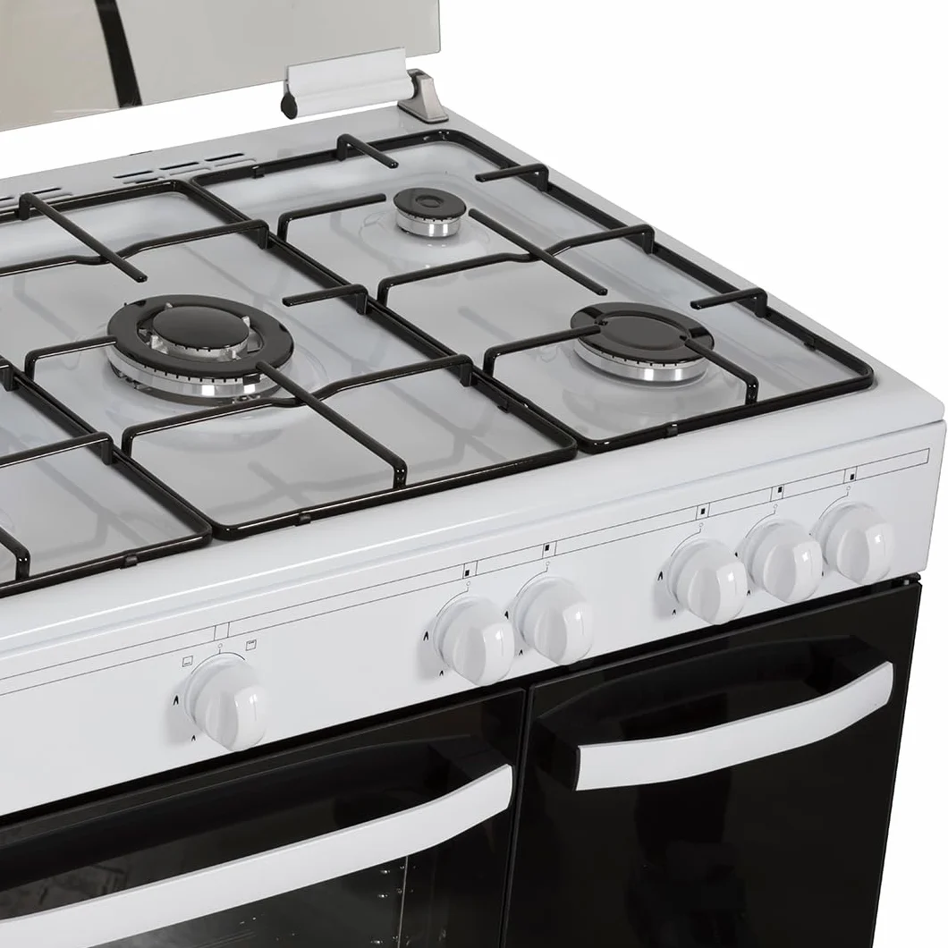 Svan Cocina Gas Butano 5 Zonas de Cocción, Horno 59 L, Blanco SKGW5900PB. Control Manual, Quemador WOK triple llama, 2 Programas de Cocción, Cristal en Puerta de Doble Capa, Tapa Abatible