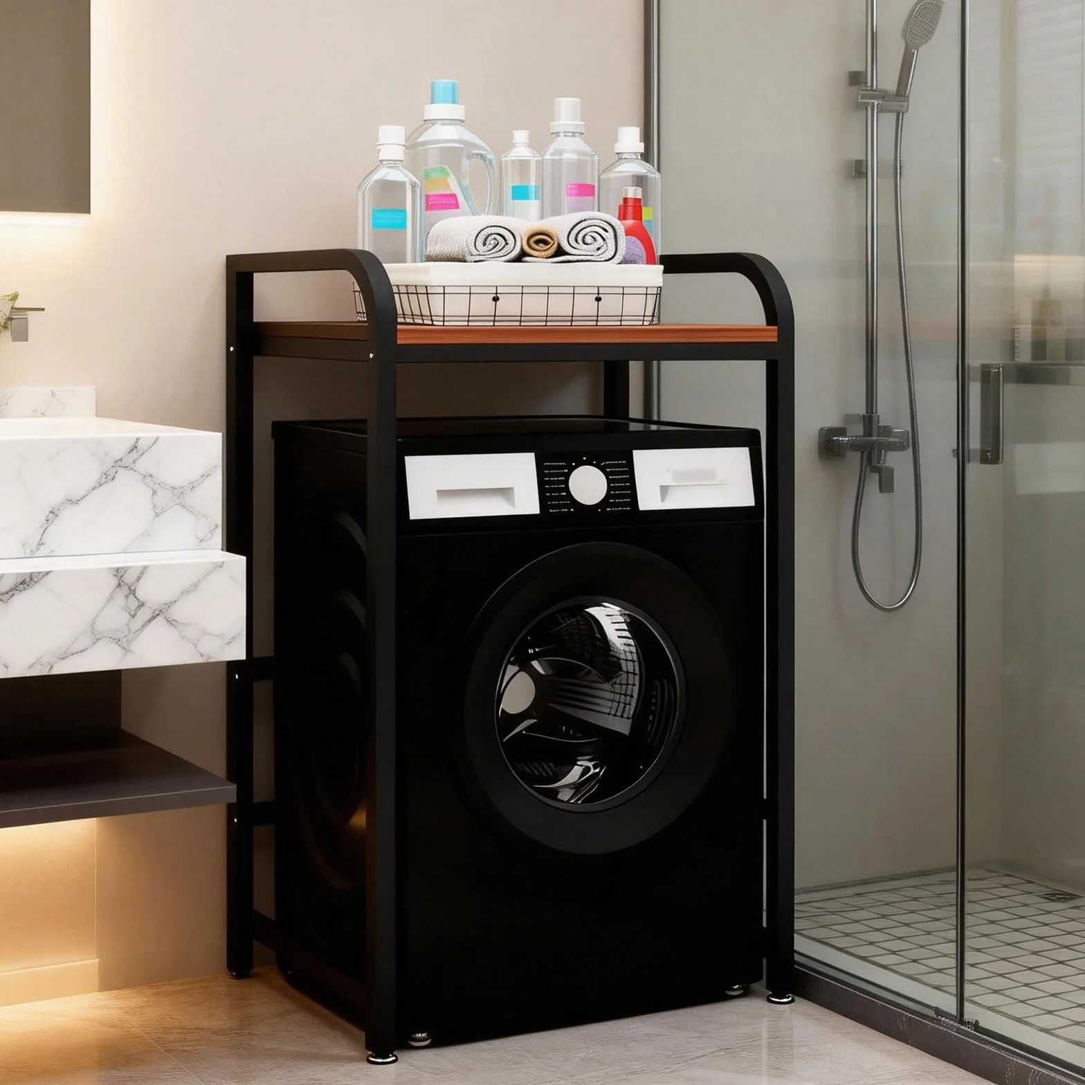 Mueble Lavadora Secadora Ajustable en Altura, Metálico Soportes para lavadoras-secadoras Carga 400kg, Estanterías para baño para Lavadora para balcón/lavadero (BlackTeak, H: 90cm/95cm/100cm)