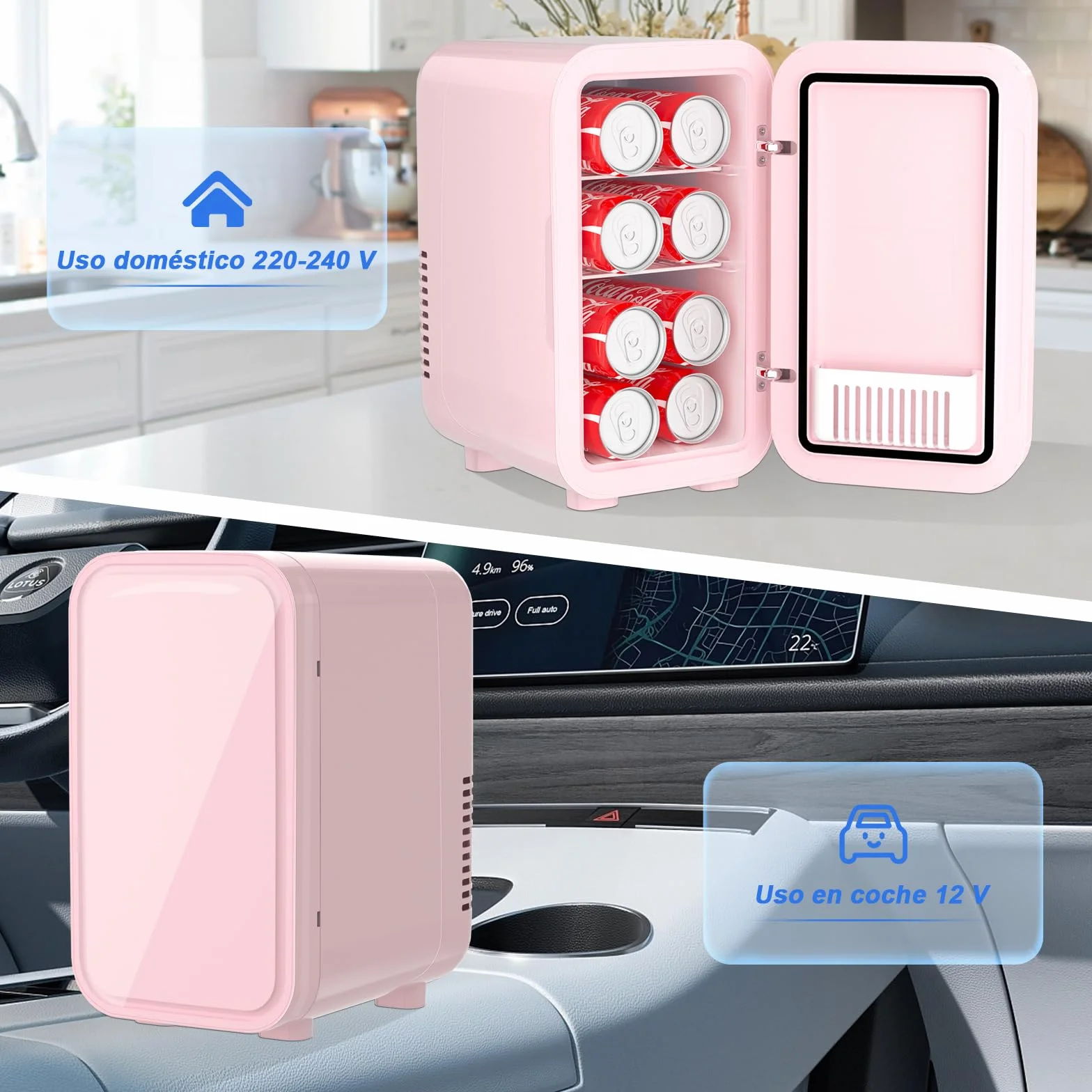 YASHE Mini nevera de 6 litros/8 latas, 220 – 240 V CA/CC, Refrigerador termoeléctrico portátil, Refrigerador para dormitorio, cuidado de la piel, bebidas, oficina, dormitorio y coche, Rosa