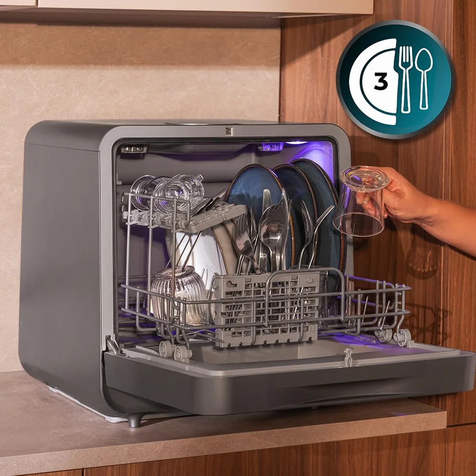 Cecotec Lavavajillas Compacto Libre Instalación Sobremesa Bolero Aguazero 1150 Dark, 3 Cubiertos, 6 Programas, Touch Control, Dark Inox