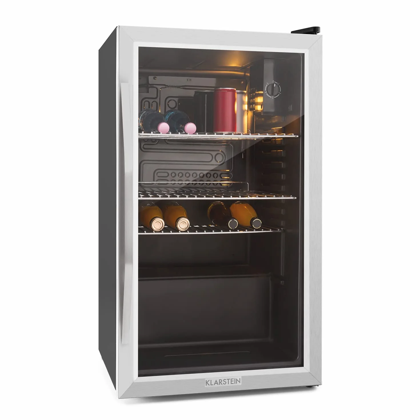 KLARSTEIN Mini Nevera Pequeña con Puerta de Cristal para Habitaciones, 80 L, Frigorifico Portatil Electrico con Estantes para Bebidas