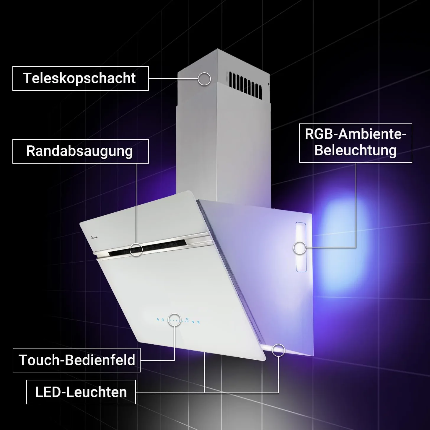 KKT KOLBE A+++ Campana extractora de 60 cm 782 cbm/h, recirculación, sin cabeza, campana de pared | cristal blanco plateado | automático | aplicación WiFi inteligente | SensorTouch | iluminación LED