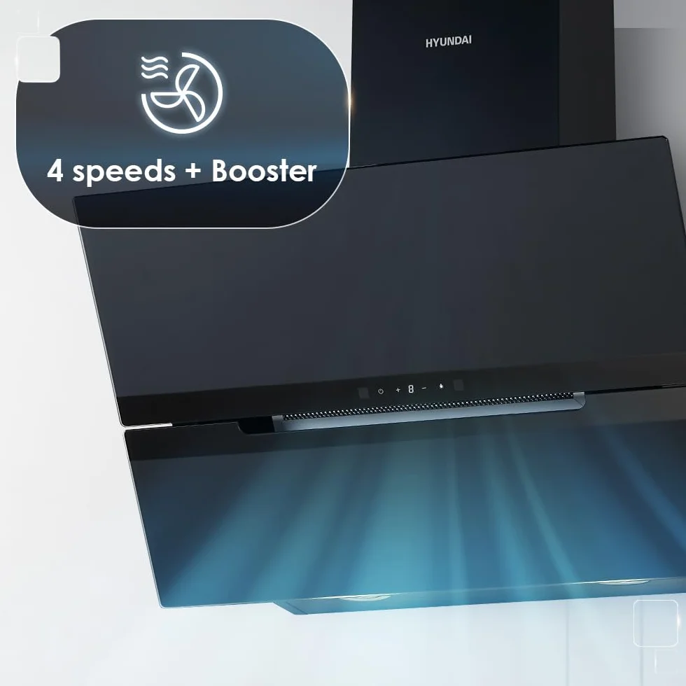 Hyundai Campana Extractora Decorativa Inclinada 70cm, Cristal negro, HCDE70DCB00. Potencia 831m3/h, 3 Velocidades, 2 Filtros, 64 dB Nivel Sonoro, Control Táctil, Filtros aptos para Lavavajillas