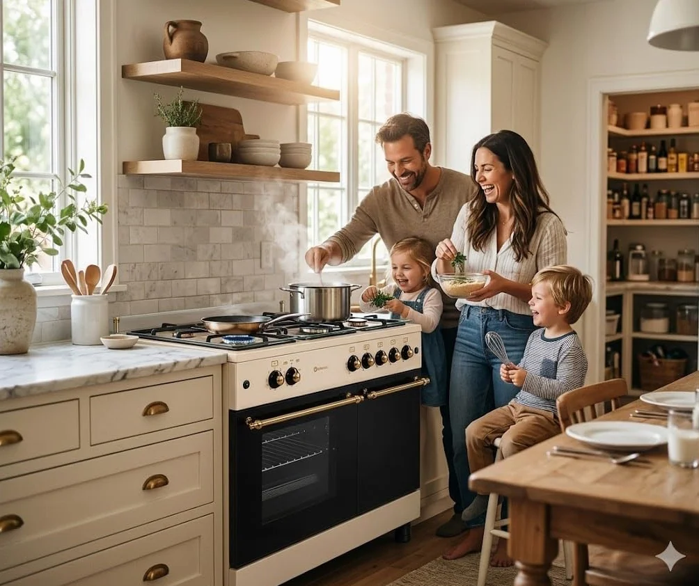 SOLTHERMIC F9LT50G2-C Cocina Gas Portabombona 5 Fuegos Horno 64 L Estilo Rústico Crema Mandos Dorados