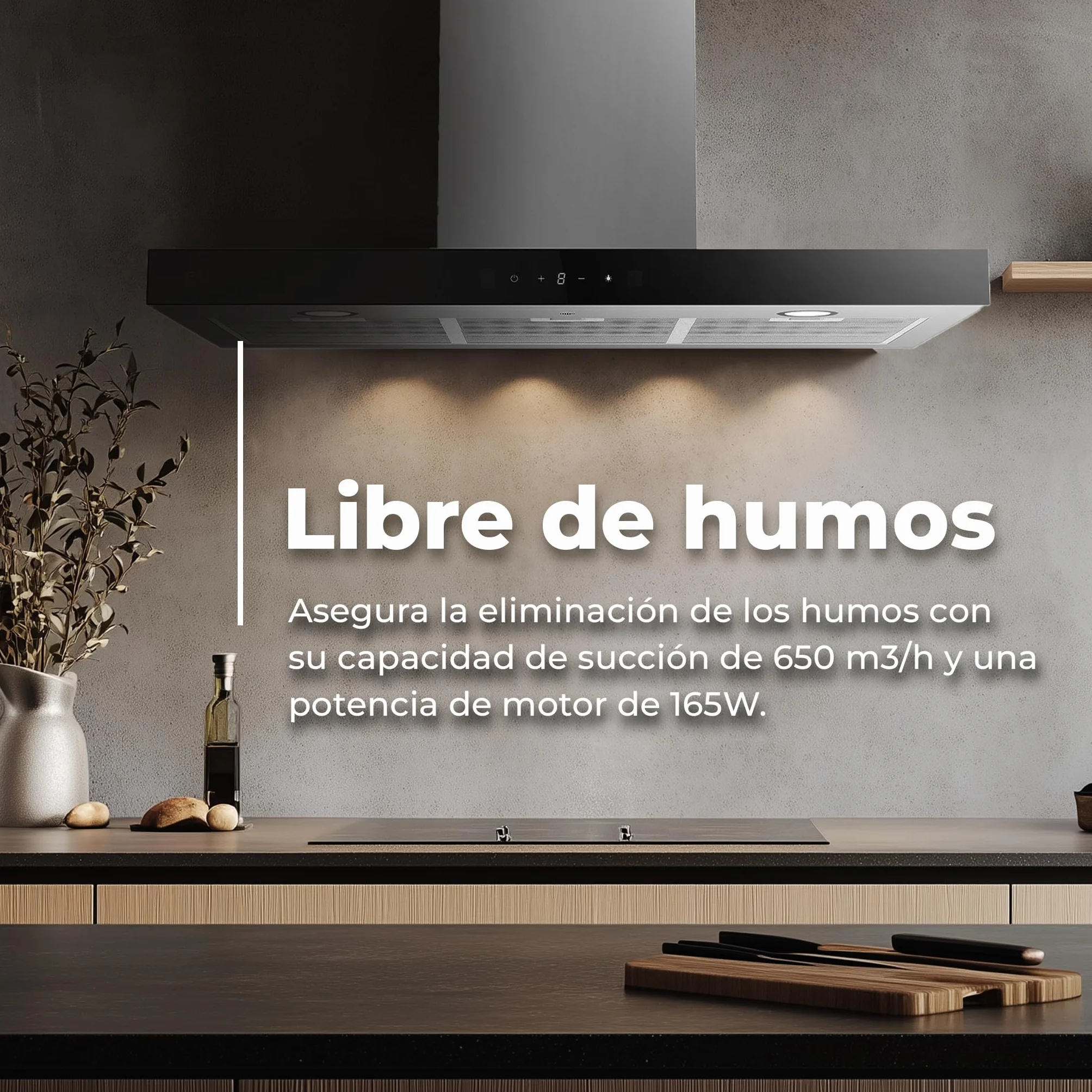 EVVO Campana Extractora Decorativa CE36 90 cm 650 m³/h Inox borde negro 3 Velocidades Control Táctil Temporizador Eficiencia A