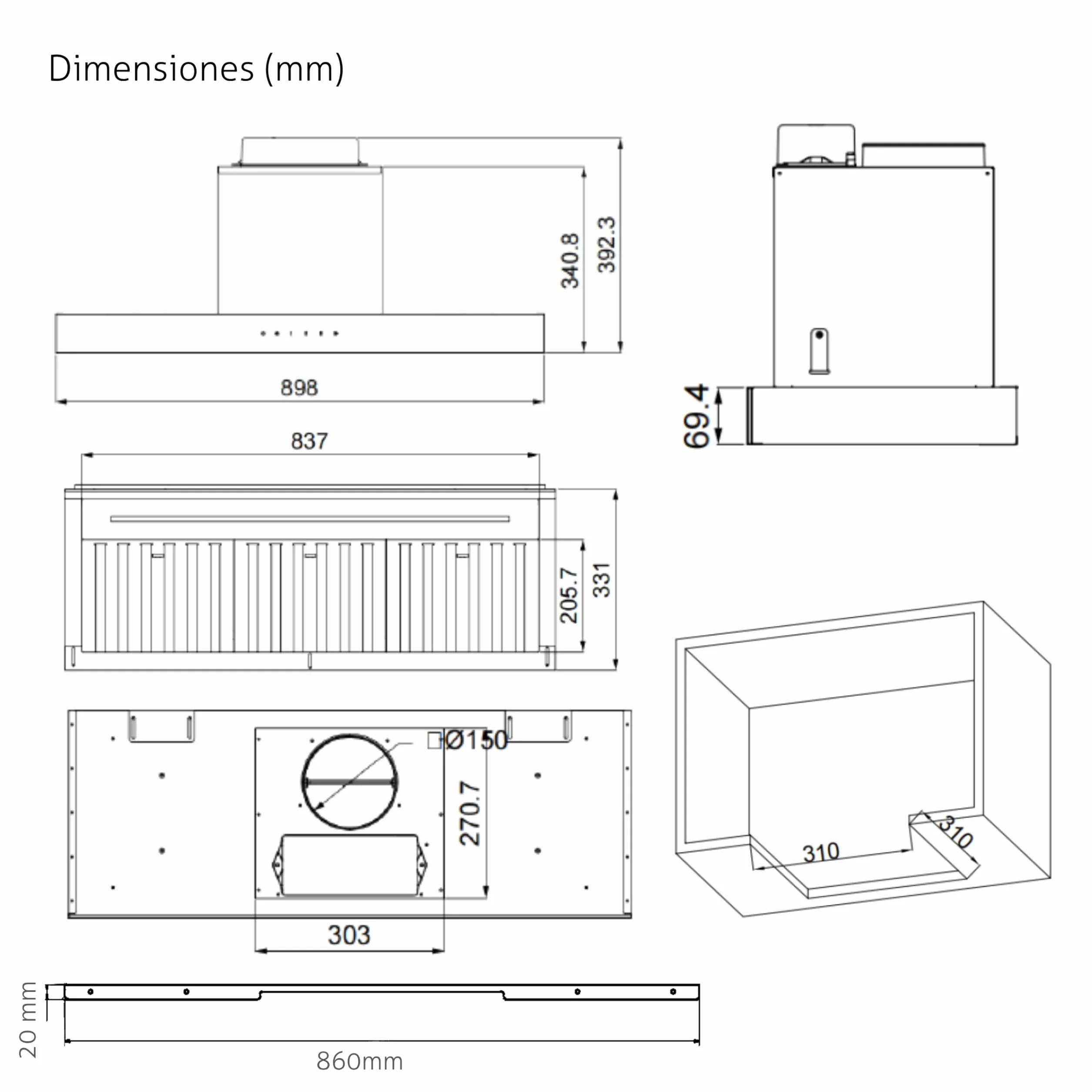 Campana extractora integrable Kompatic Riva 90 KRV90BI, 90 cm, motor brushless 800 m³/h, clase A+++, control táctil, Boost/Super Boost, negro mate.