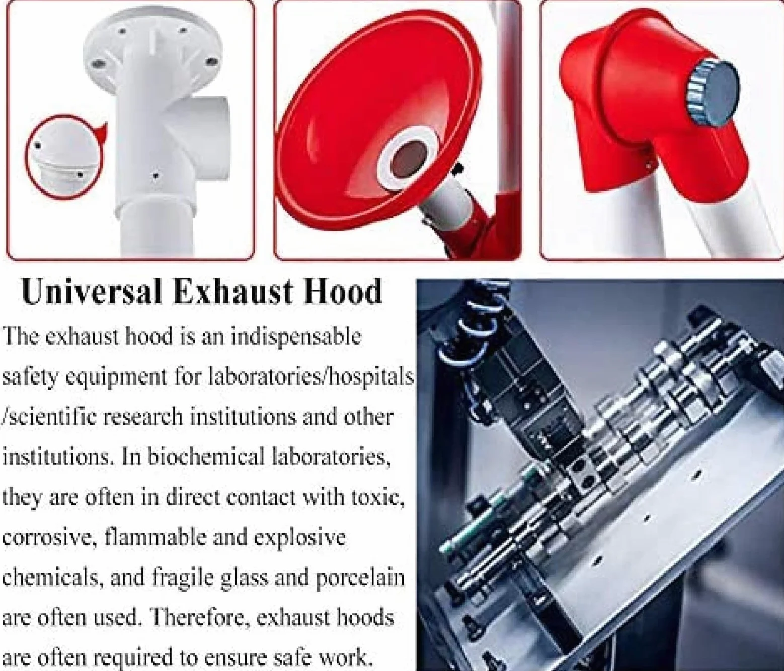 Campana de laboratorio montada en la pared para laboratorio. Brazos flexibles de extracción de 360 grados para sistema de extracción de laboratorio de fábrica