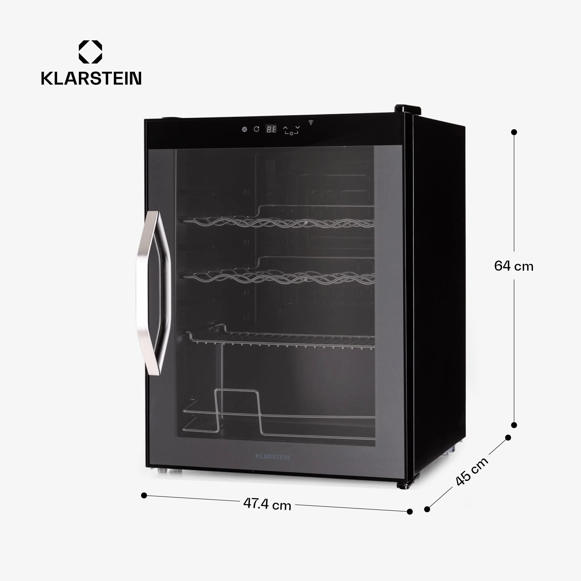 KLARSTEIN Coachella 60 Nevera para Bebidas - 60L Frigorífico para Bebidas con Wifi, Puerta de Cristal, Iluminación Led, 3-18°C, 3 Estantes Metálicos, 7 Colores, Negra