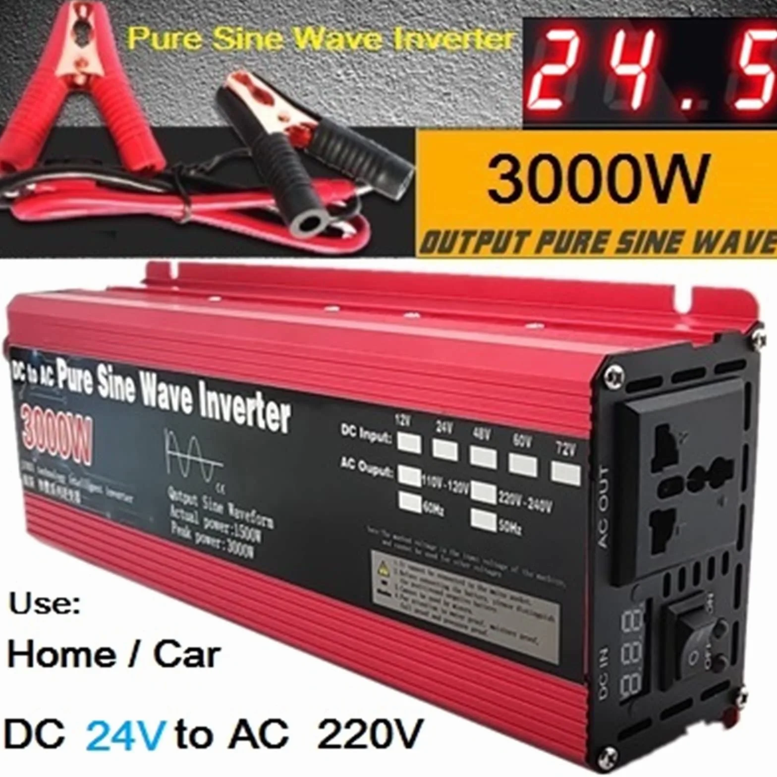 Inversor de Corriente, Inversor de onda sinusoidal pura DC 12v / 24v 1000W 1600W 2000W 3000W Convertidor de banco de energía portátil Inversor solar(3000W 24V,50HZ_1)