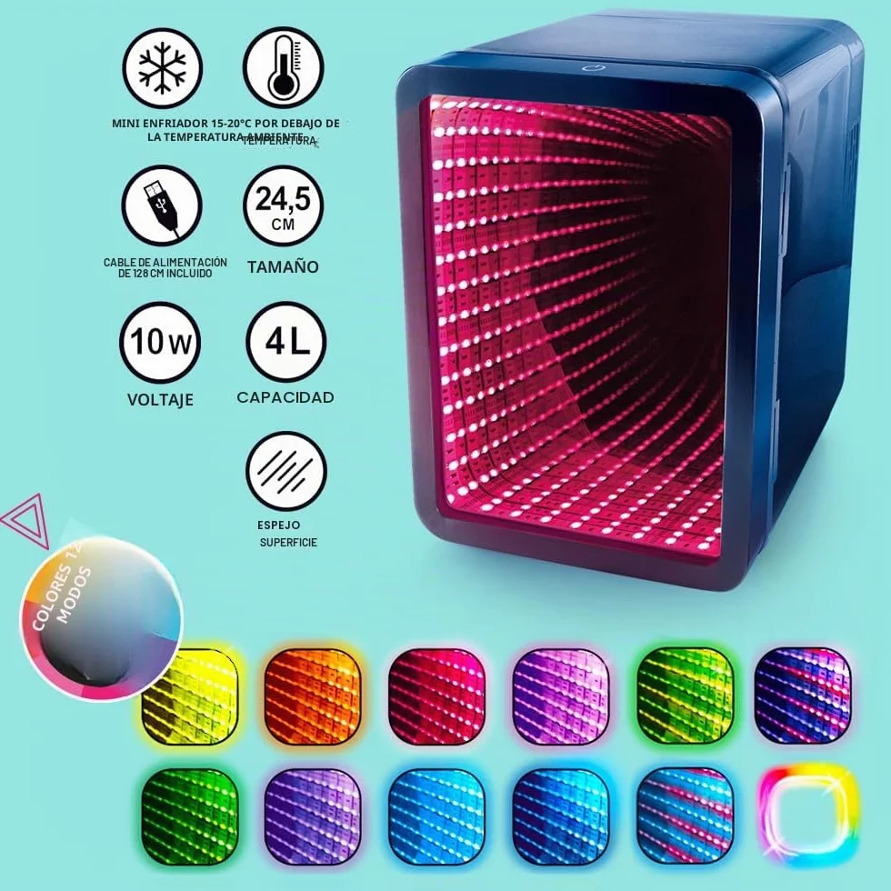 So Chill - Mini nevera con efecto LED infinito, jugadores, estudiantes, viajes en casa/coche, Hangouts + más, alimentado por USB, calcomanías incluidas, 6 latas regulares, puerta con efecto espejo