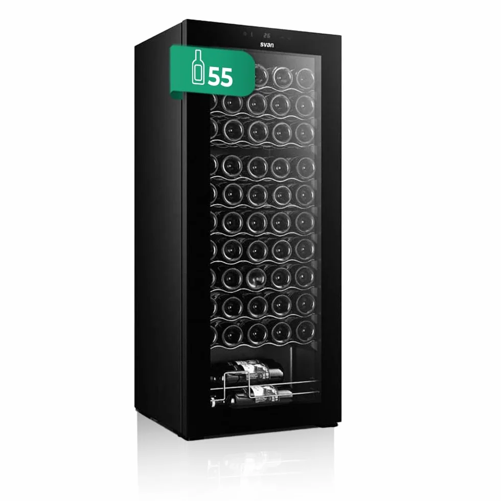 SVAN Vinoteca 55 Botellas Negro SVN5500S. 85W, Display LED táctil, Pantalla Digital Exterior, 10 Baldas de Madera, 1 Rejillas Metálicas, Clase de Eficiencia Enérgetica G