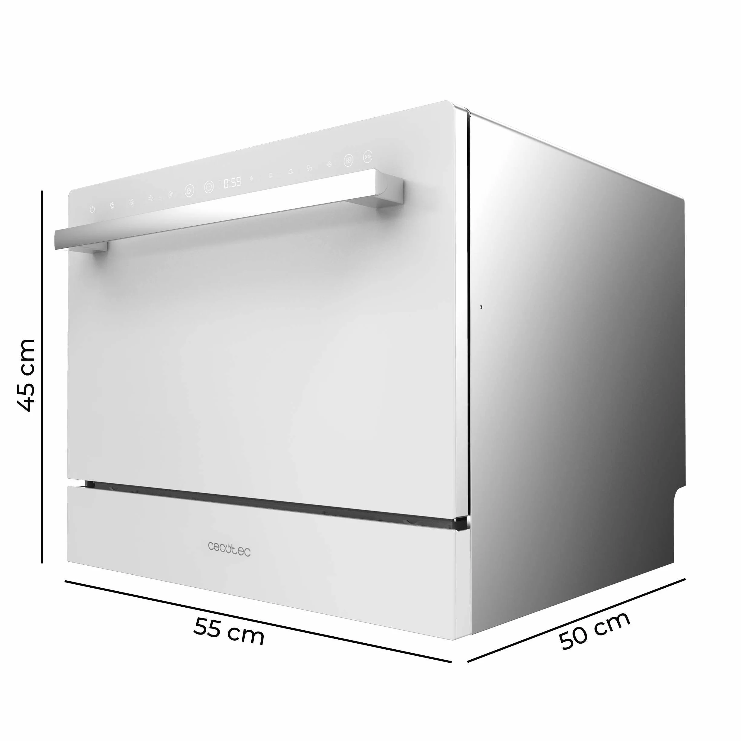 Cecotec Lavavajillas Compacto 6 Cubiertos Bolero Aguazero 2400 White Glass. 1380W, Acabado Cristal Blanco, 5 Programas, Control Panel Táctil, Programable hasta 24h, Child Lock y Cesta para Cubiertos