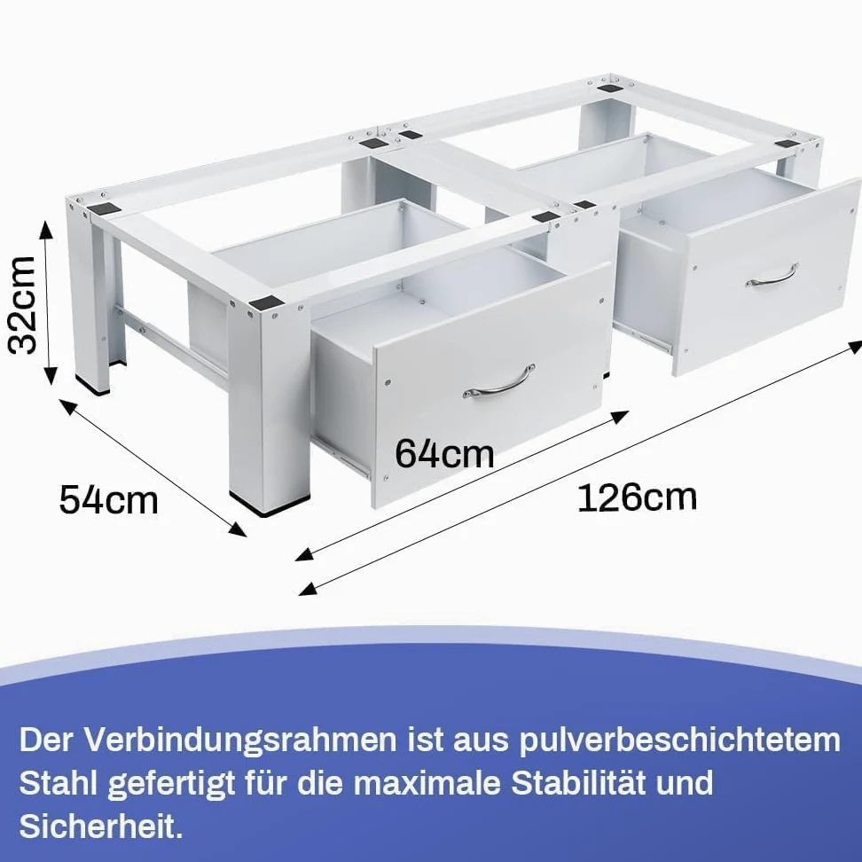 Estructura de acero de 2 compartimentos para lavadoras, secadoras, incluye cajones | Hasta 300 kg, 126 x 54 x 32 cm, doble armario de base doble, pedestal para lavadoras, pedestal elevador