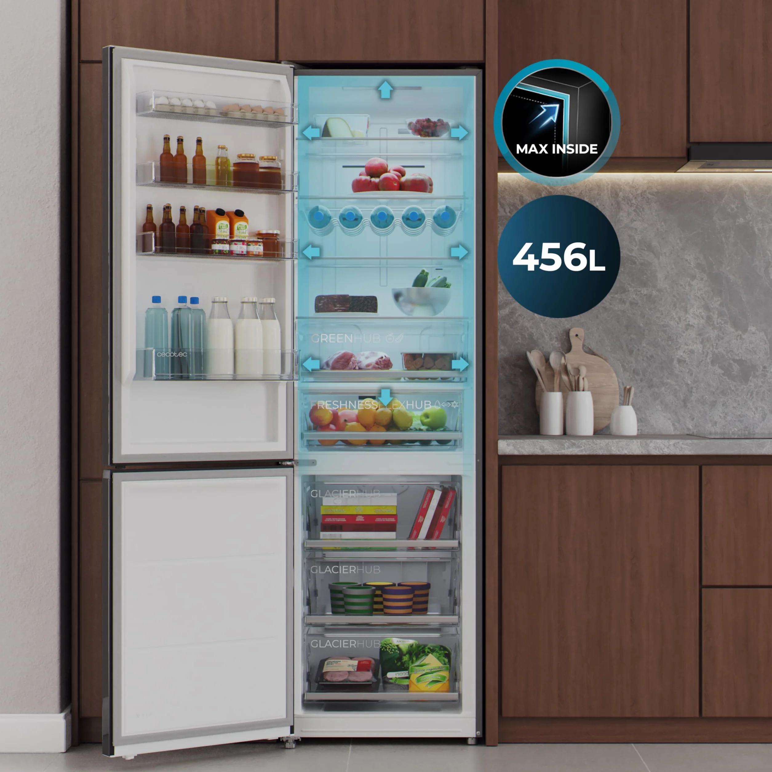 Cecotec Frigorífico Combi Total No Frost Bolero CoolMarket Combi 456 Black Glass E, 456 L, Alto 201 cm y 59,5 cm Ancho, MAX INSIDE con VIP tech, Compresor Inverter Plus, Botellero y Bandejas Cristal