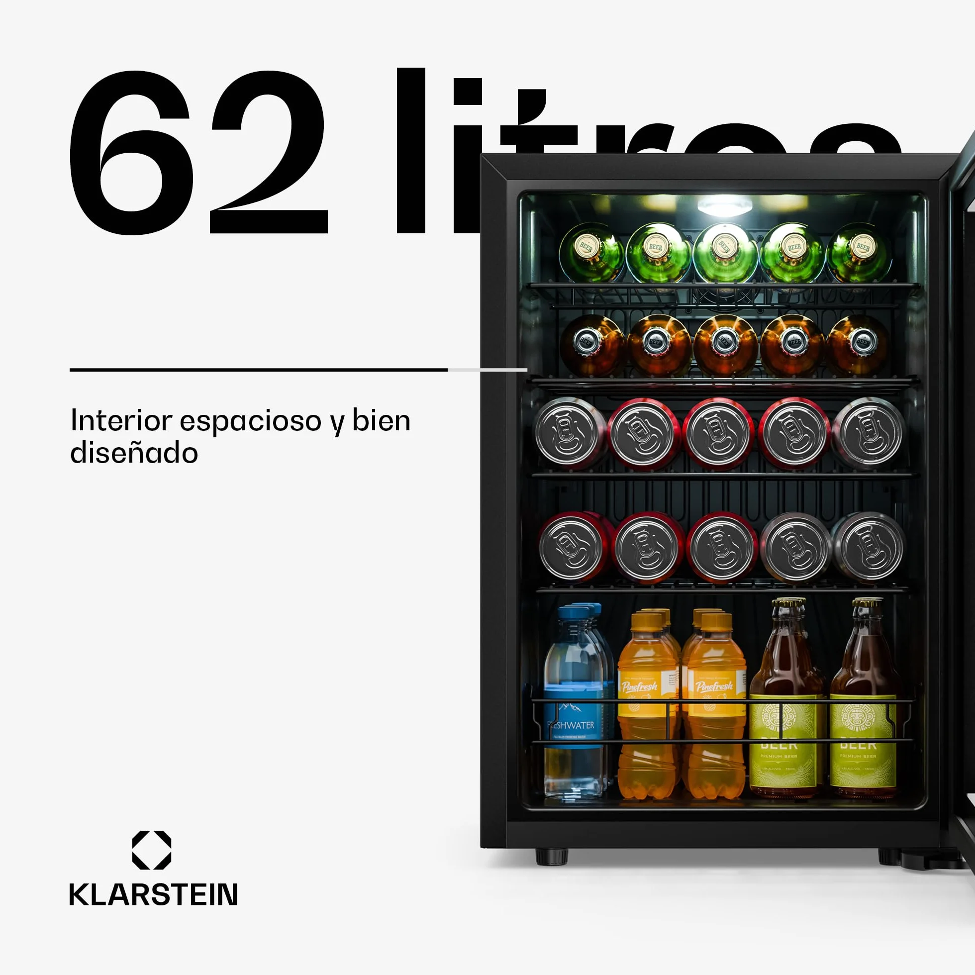KLARSTEIN Nevera para bebidas Bevora 62 L – Nevera para bebidas con puerta de cristal, control táctil, iluminación LED, temperatura ajustable de 1 a 12 °C, 2 estantes