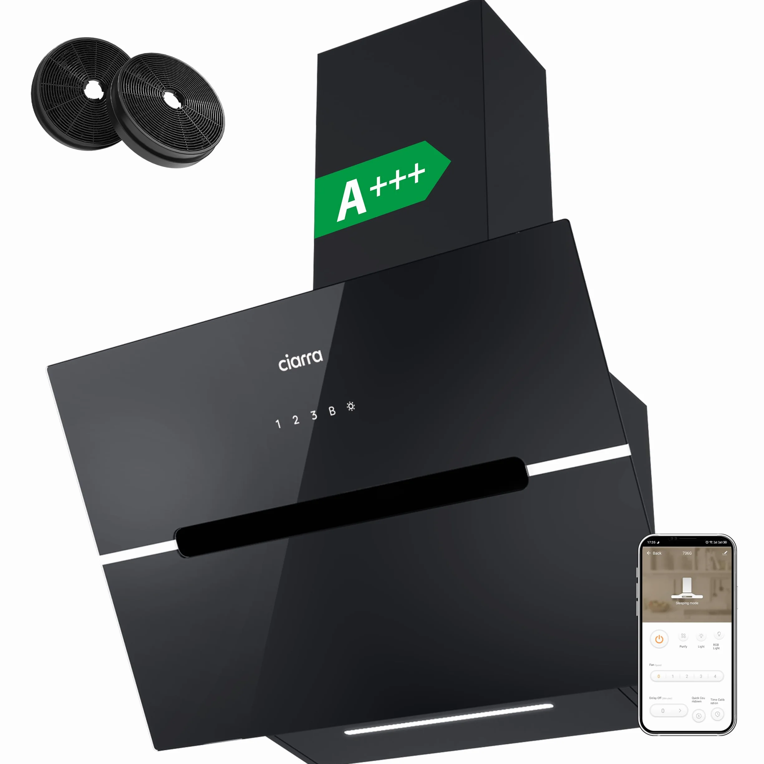 CIARRA CBCB6736F Campana Extractora 60cm CLase A+++ Wi-Fi App Touch-Booster Evacuación al Exterior y Recirculación Interna por Filtro de Carbón CBCF003