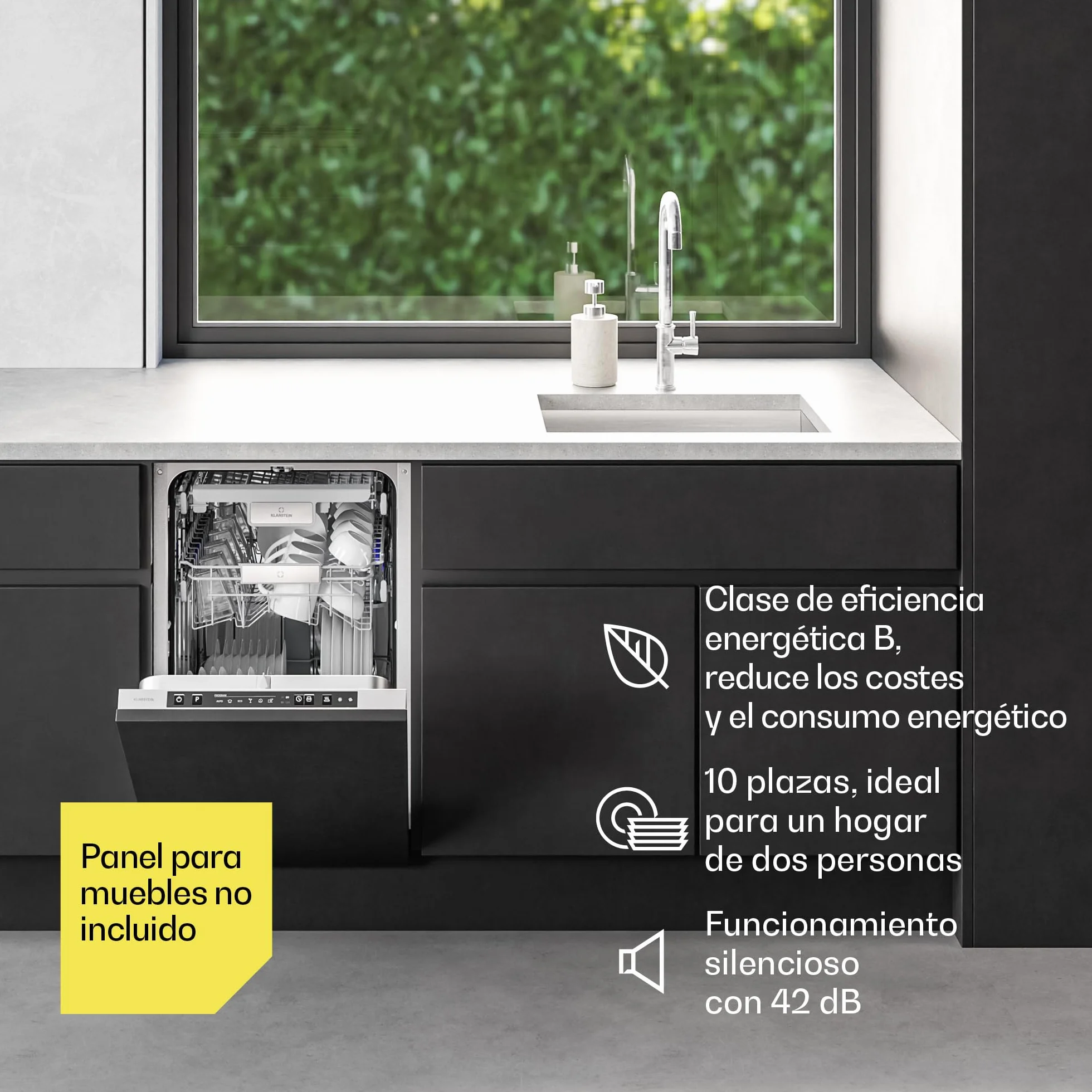 Klarstein Velaire Lavavajillas Integrable 45cm - 10 Cubiertos, 6 Programas, 42 dB, Clase B, AquaStop, Panelable, Totalmente Integrado, Acero Inoxidable