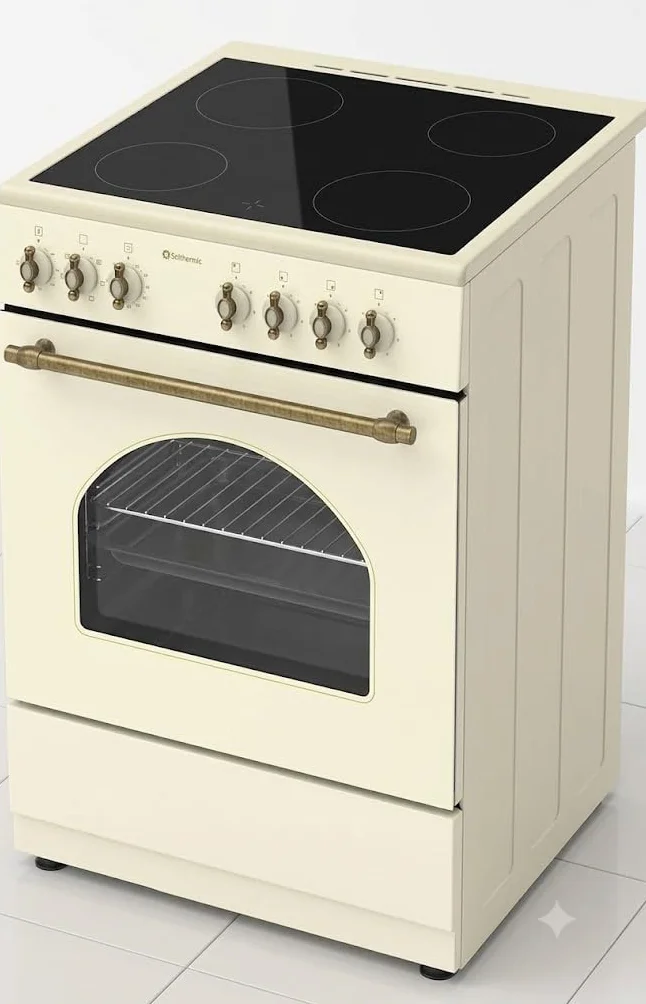 COCINA VITROCERÁMICA CREMA XL CON HORNO ELECTRICO 60 CM ANCHO SOLTHERMIC CREMA RÚSTICA ACABADOS DORADOS/, 4 FUEGOS/HORNO ELECTRICO