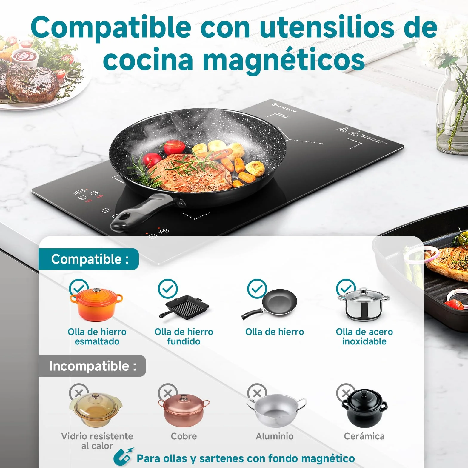 Placa de inducción con zonas flexibles, AMZCHEF placa induccion doble con 9 niveles de potencia, calentamiento intermitente, panel de control de moda, cerradura de seguridad, 3300W, negro