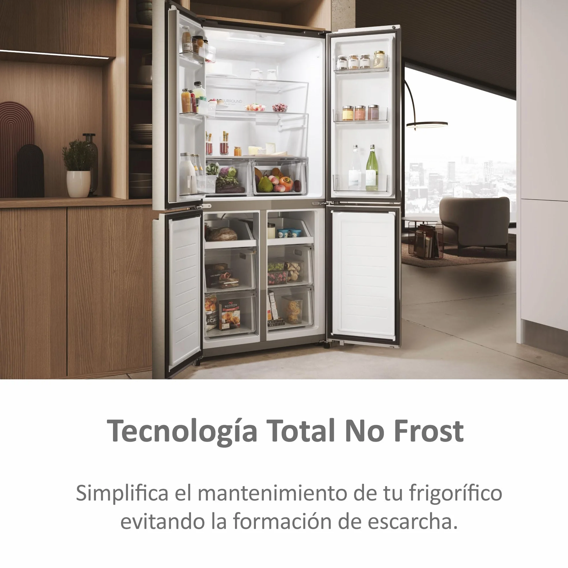 Haier Cube 83 Series 3 HCR3818ENMM - Frigorífico 4 Puertas, Display LED, Función Cooling y Freezing, 467L, Tiradores Integrados, Total No Frost, Ancho 83cm, Motor Inverter, Luz LED, Inox