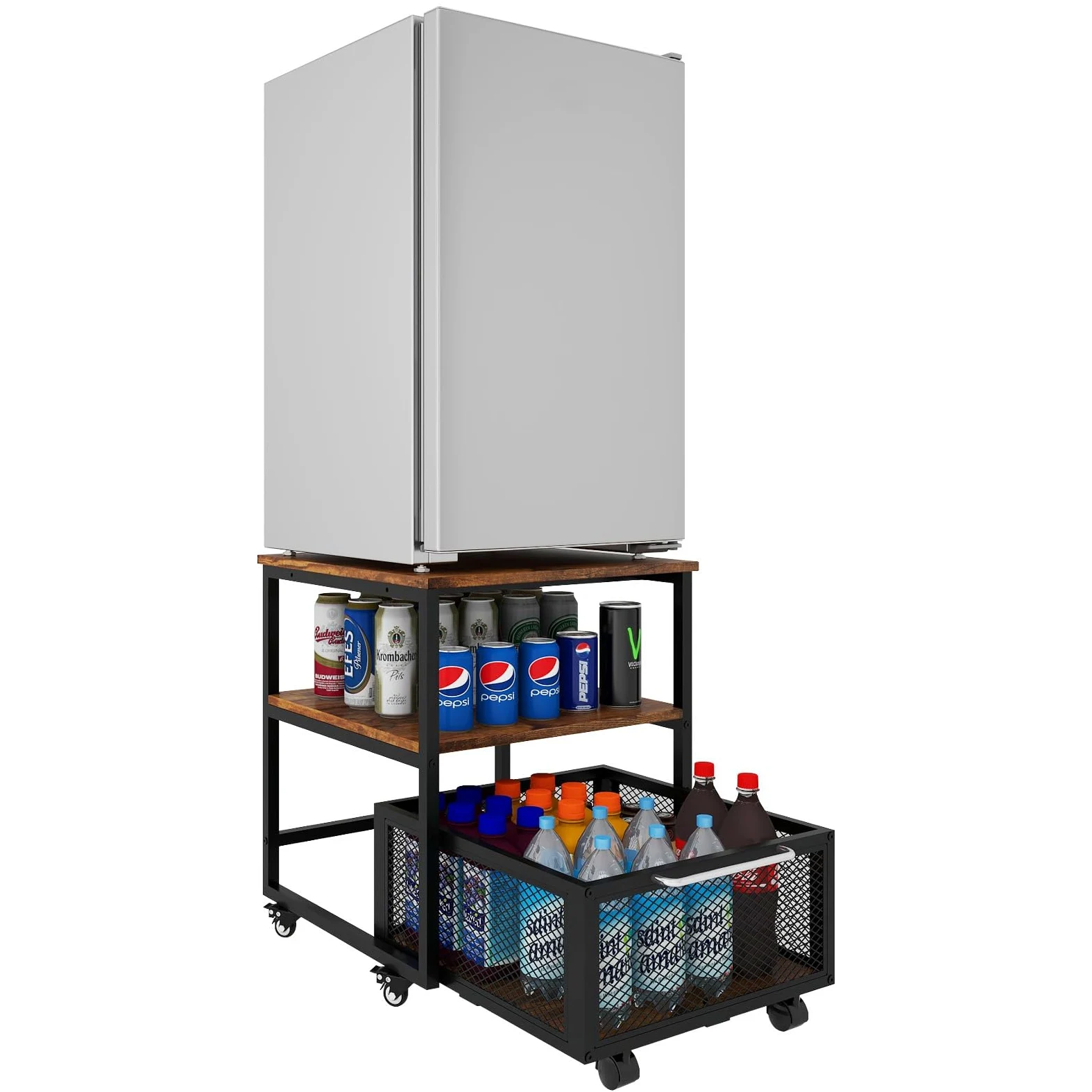 PUNCIA Soporte para Mini Nevera 3 Niveles con Cesta Metálica para Oficina | Mueble Mesa para Frigorífico con Base Móvil para Refrigerador con Ruedas Estante de Almacenamiento con Cajón Cocina Salón