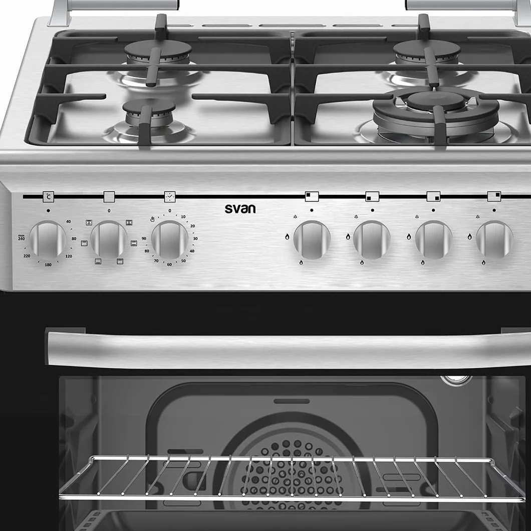 Svan Cocina Mixta gas Butano 4 Zonas Inox SKMW4600X. Quemador WOK triple llama, Kit Conversión Gas Natural, Acabado en Inox