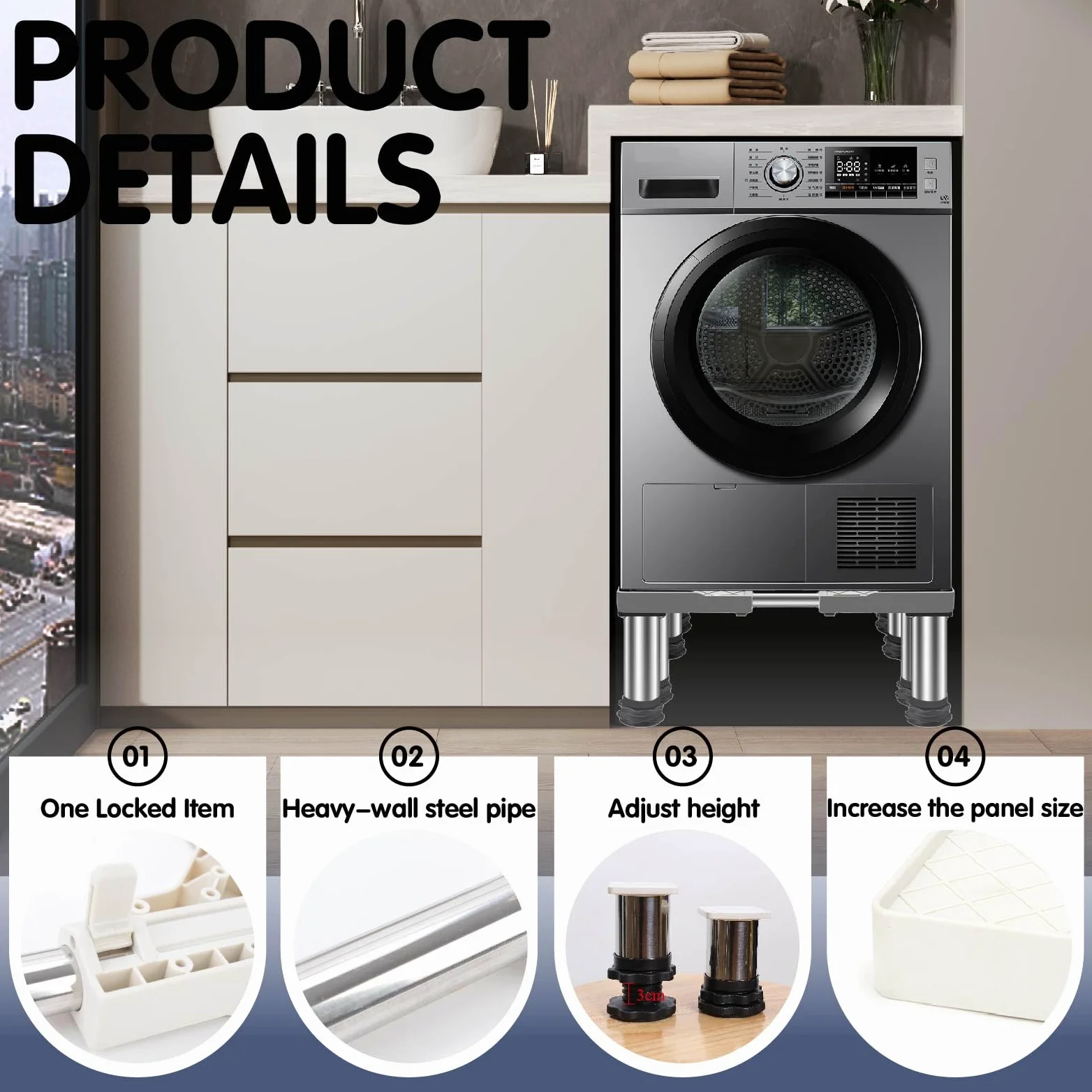 Base Lavadora con 8 Patas Antideslizantes Plataforma con 8 Pies Antivibración Soporte Ajustable para Lavadora Secadora Frigorífico Ancho 45-65cm Altura 24-27cm Gris