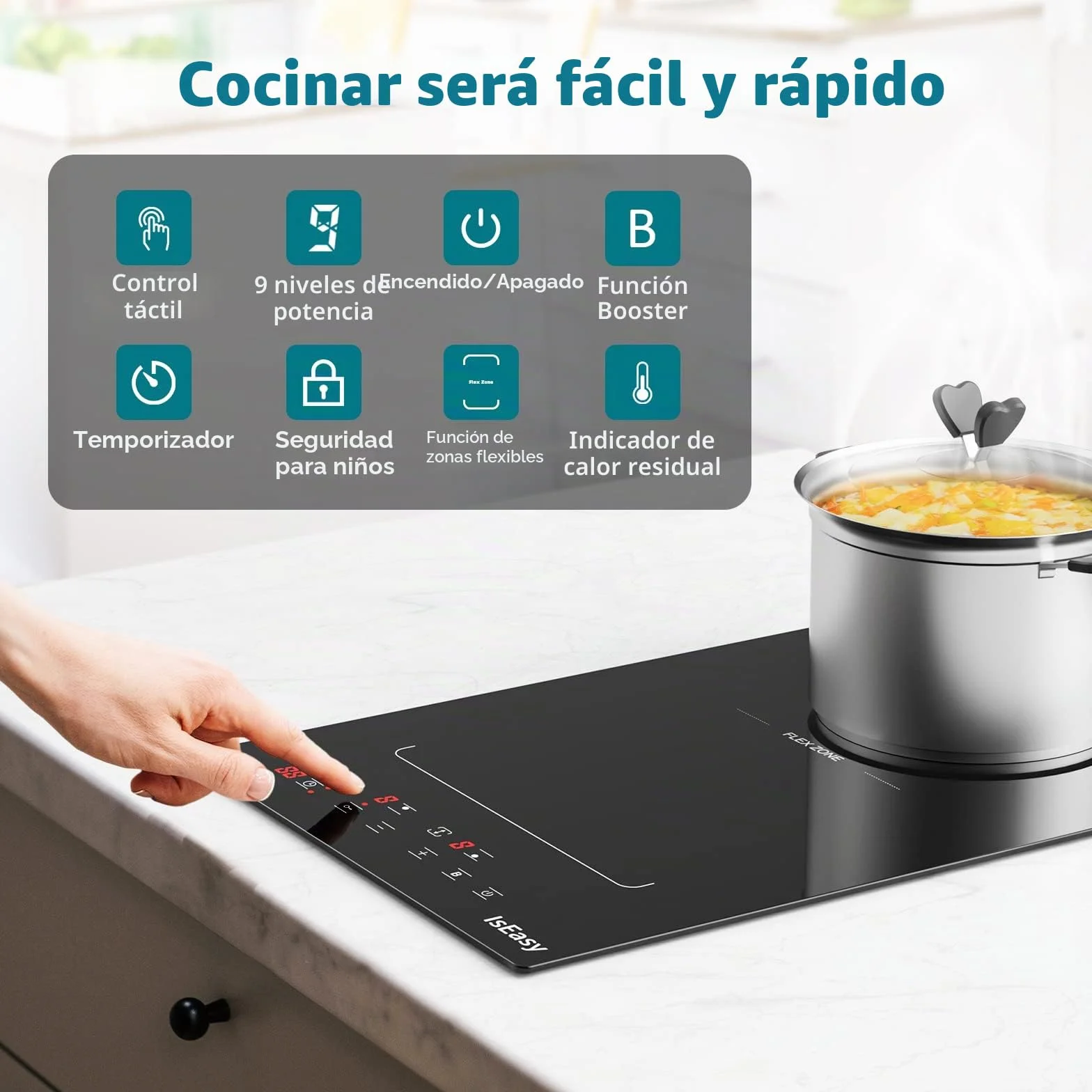 IsEasy - Placa de inducción con 2 luces empotrables, mesa de cocción eléctrica de 3400 W, 2 Boosters, temporizador, zonas flexibles, parada de coche, cerradura infantil, color negro