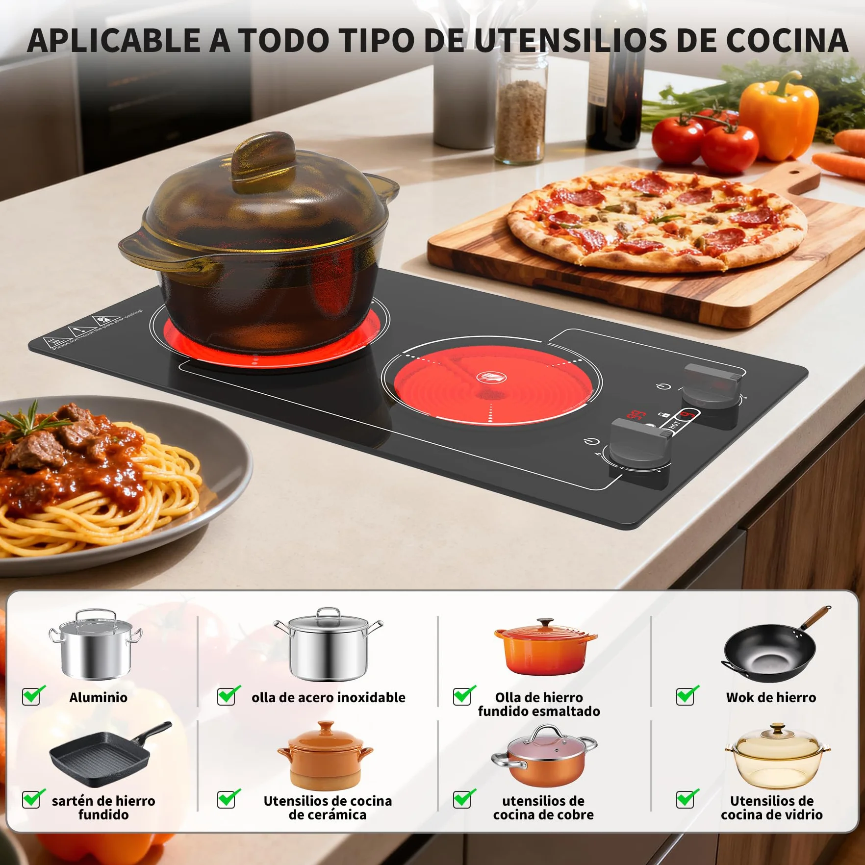 Placa Vitroceramica 2 Fuegos 220V 3000W Portatil con Enchufe, 9 Niveles, Bloqueo Infantil, Temporizador