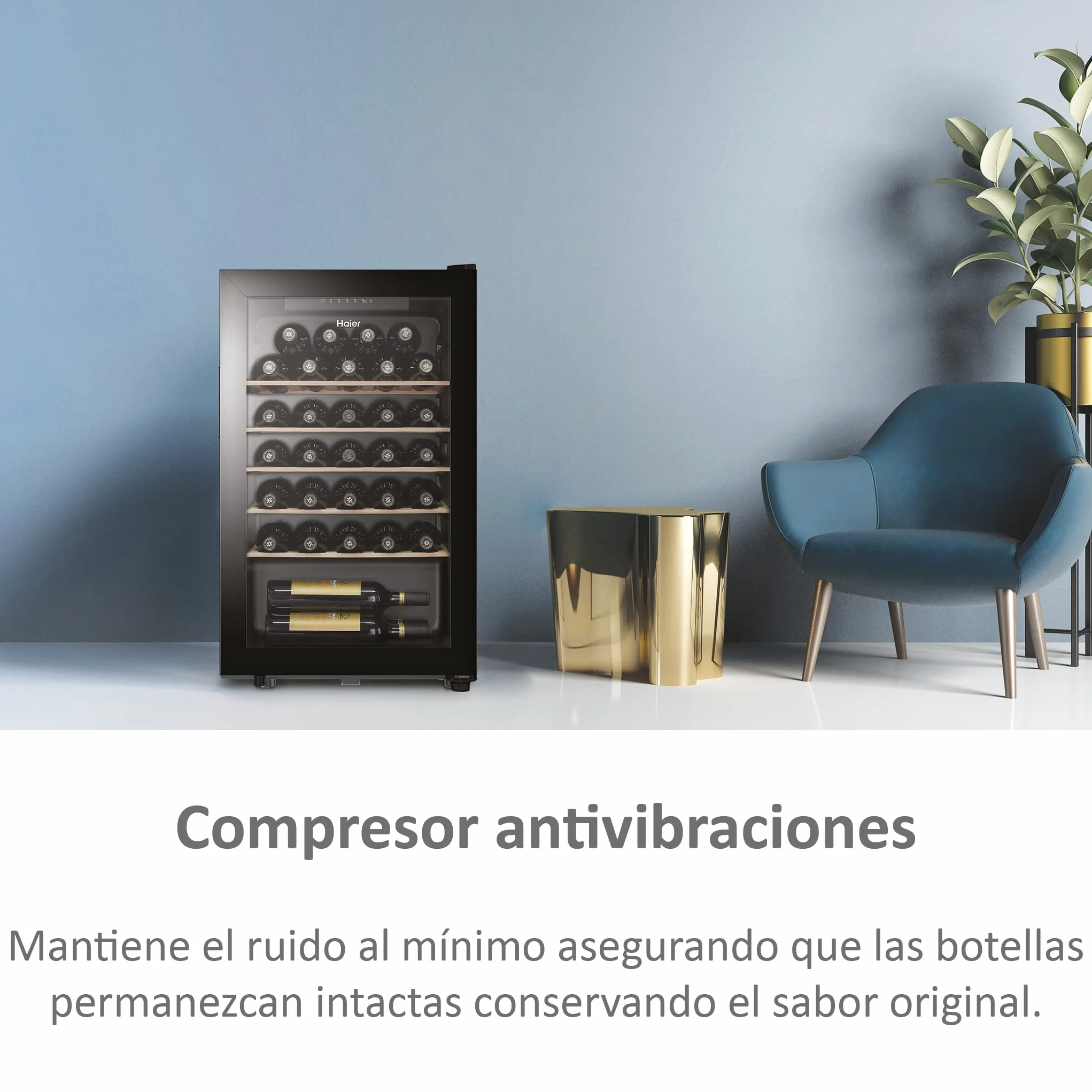 Haier Wine Bank 50 Series 3 HWS33GG- Vinoteca de 33 Botellas,Estantes de Madera,Filtro Anti-UV, Refrigeración por Compresor,Display Digital,Iluminación LED,Silenciosa 37 dbA, Antivibraciones