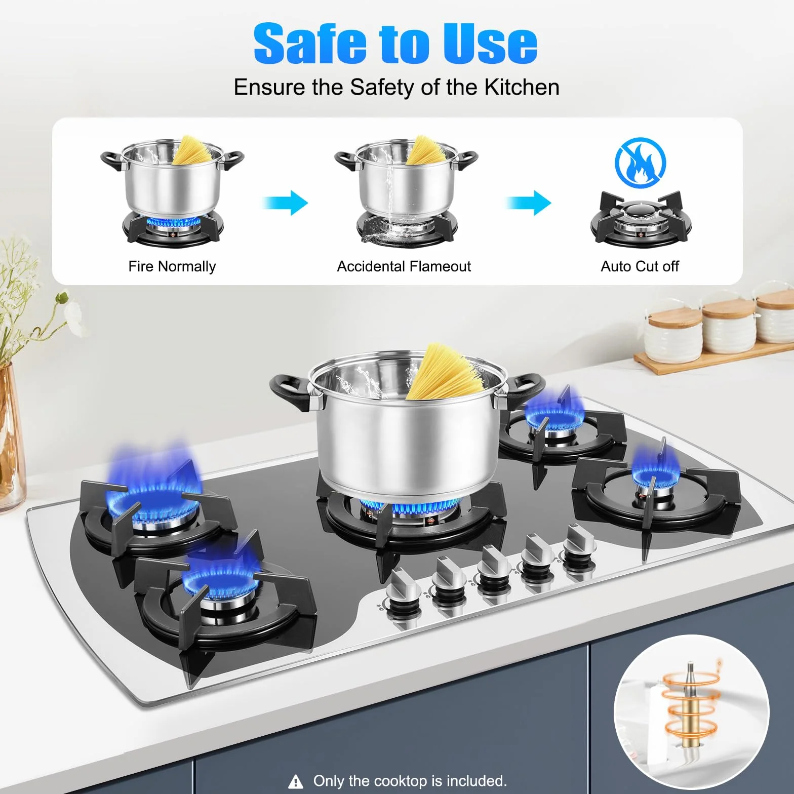 Cocina de gas de 5 zonas, 90 cm, autosuficiente, 5 focos, gas natural/propano, para cocina comercial en hogares o