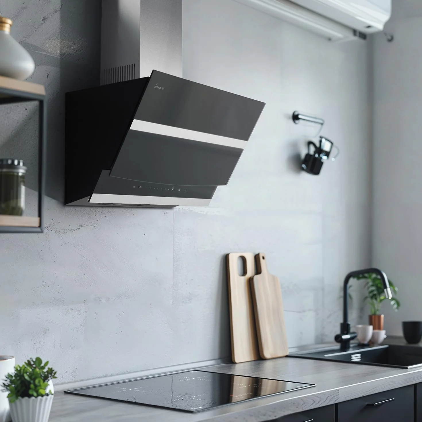 Campana Extractora 80 cm | Campana de Pared Inclinada | acero inoxidable | vidrio negro | apagado automático | Funcionamiento táctil | HERMES8005S