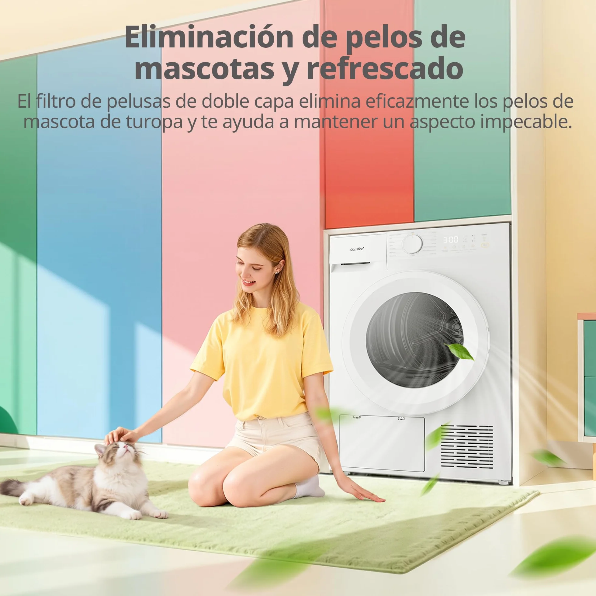 COMFEE' Secadora de Ropa 8 kg, Clase D, Secado rápido, 15 programas, Secado Anti Arrugas, Bomba de Calor, Función de refresco, CD08EHP05W, blanco