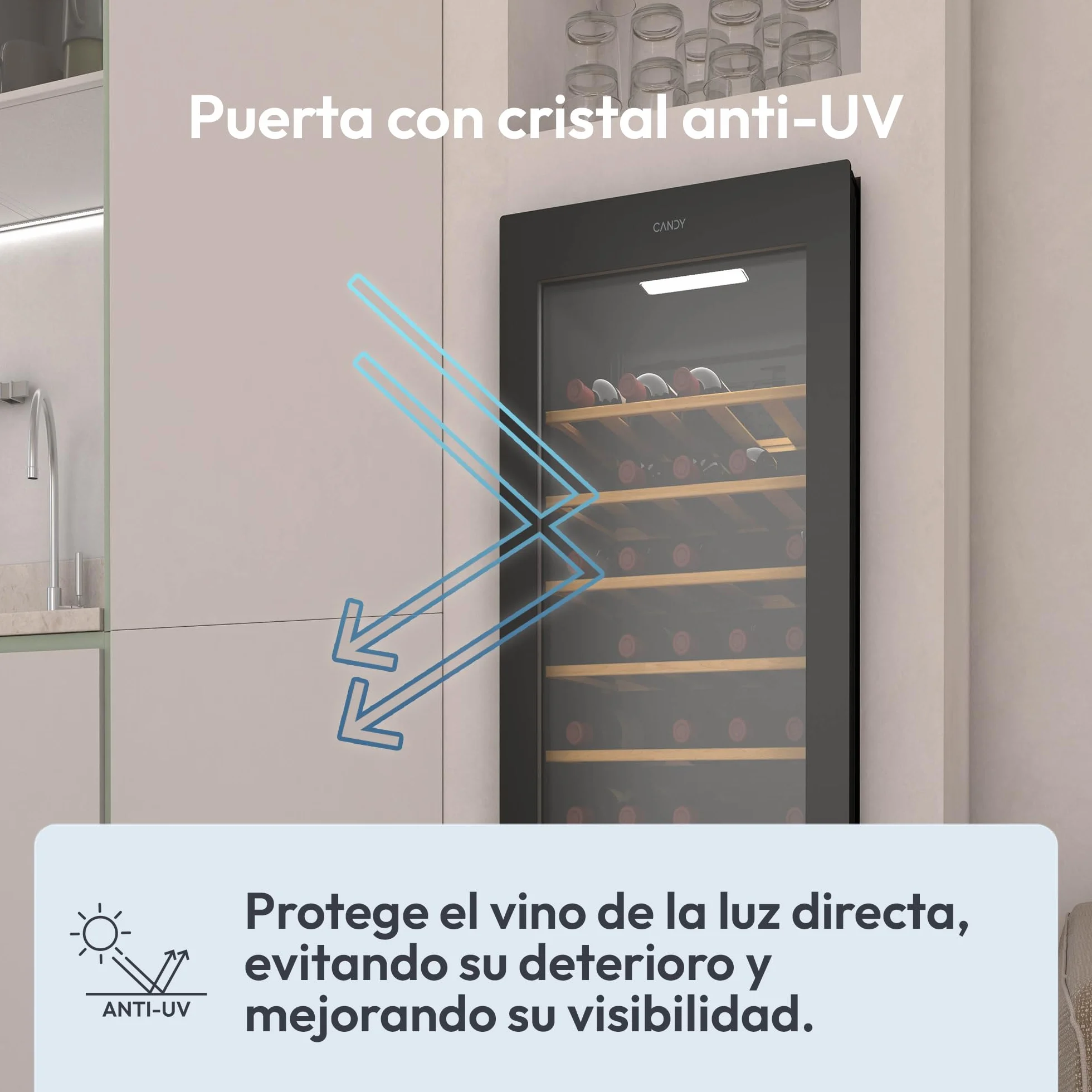 Candy DiVino CWC058, Vinoteca, 58 Botellas, WiFi, App hOn, Puerta Reversible, 10 Baldas, Tratamiento Anti-UV, Compresor Antivibraciones, Iluminación LED, Control Digital,Tirador Integrado, 37DB, Negro