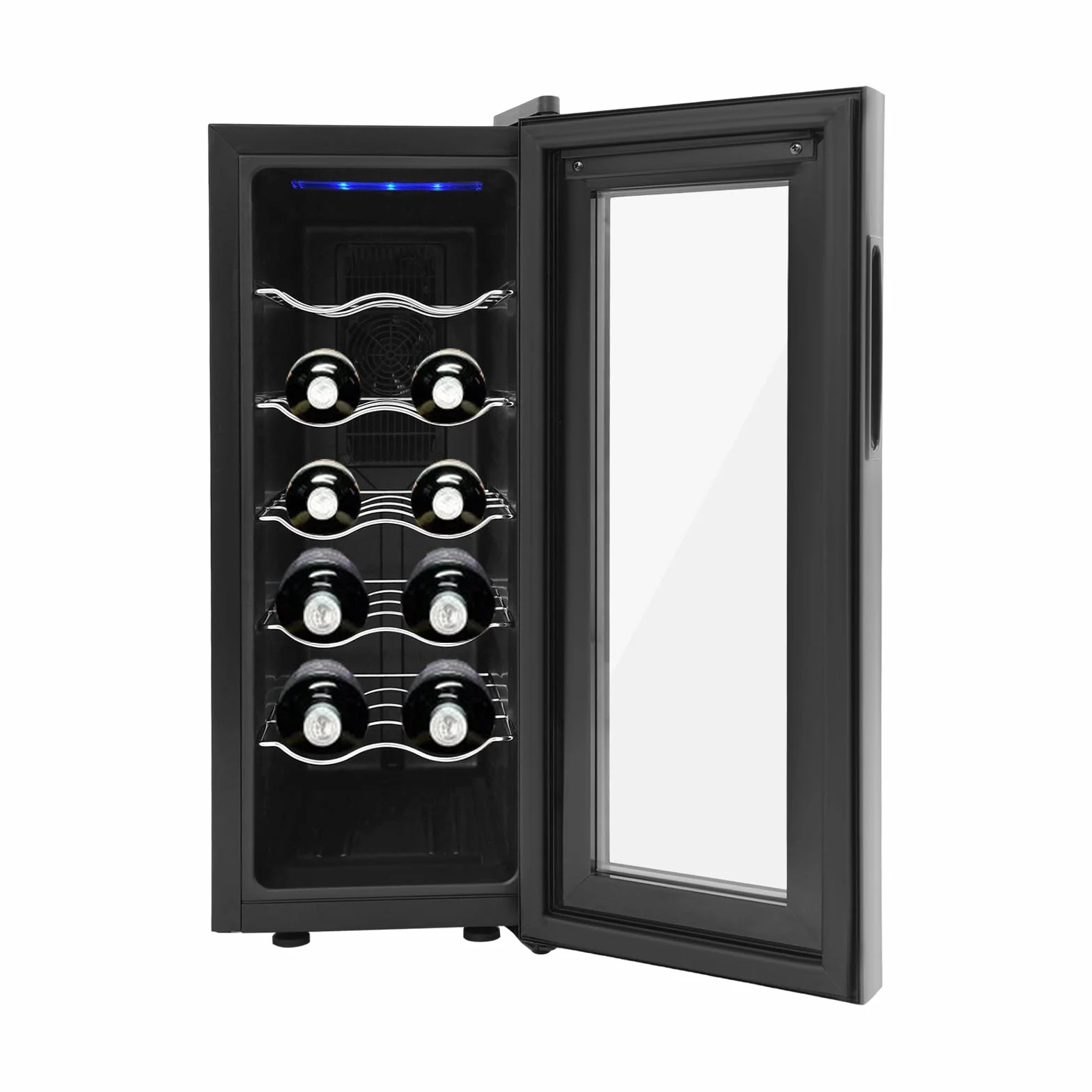 12 botellas de vino, gabinete climatizado, pantalla LED y panel táctil intuitivo, hay cinco estantes, familia, oficina, hotel, bar, club, rango de refrigeración del 55 % al 75 %