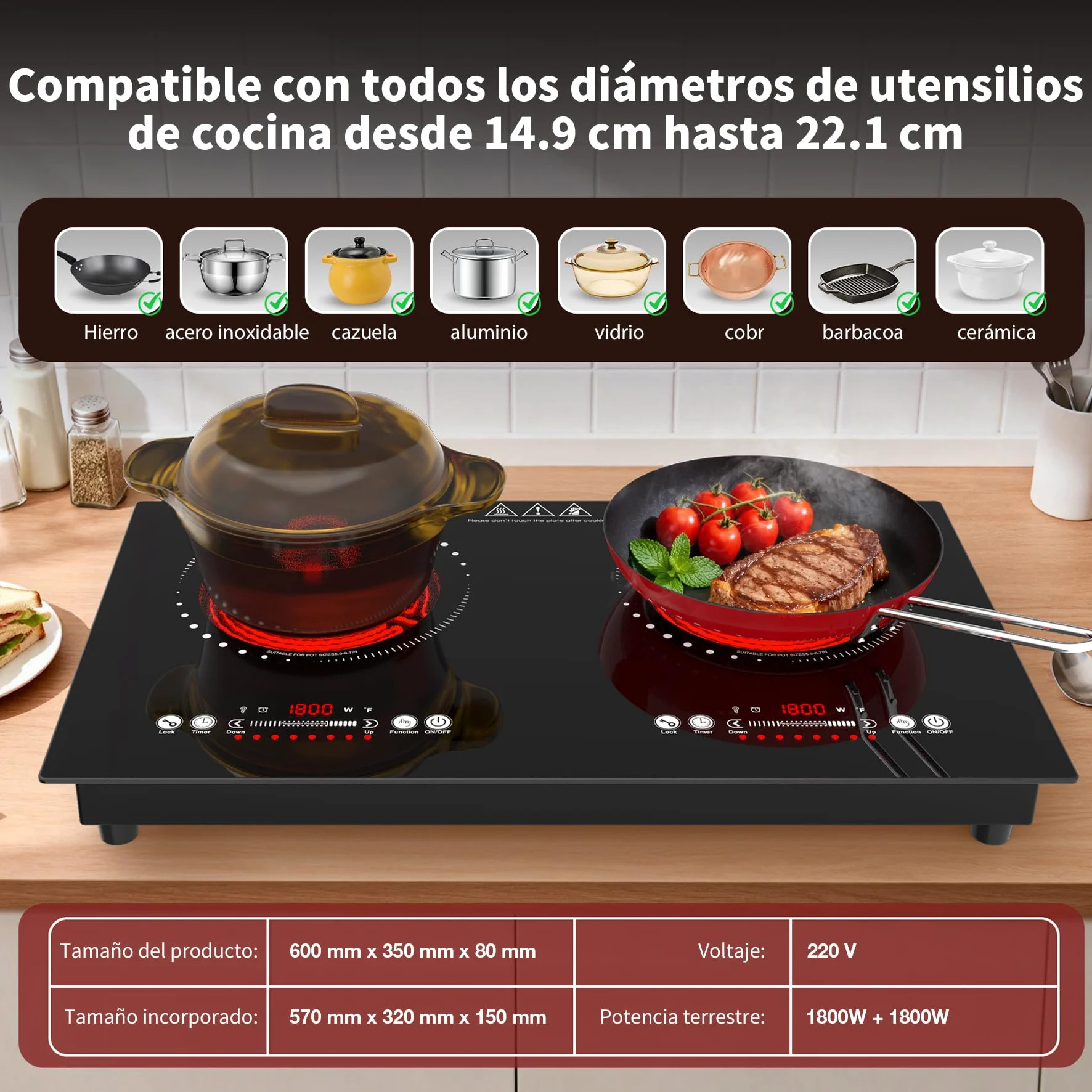 VBGK placa vitroceramica,220V 3600W placa de vitroceramica con Control táctil LED,9 niveles de potencia,Bloqueo para niños & Temporizador de 4 horas,Protección contra sobrecalentamiento de la estufa,