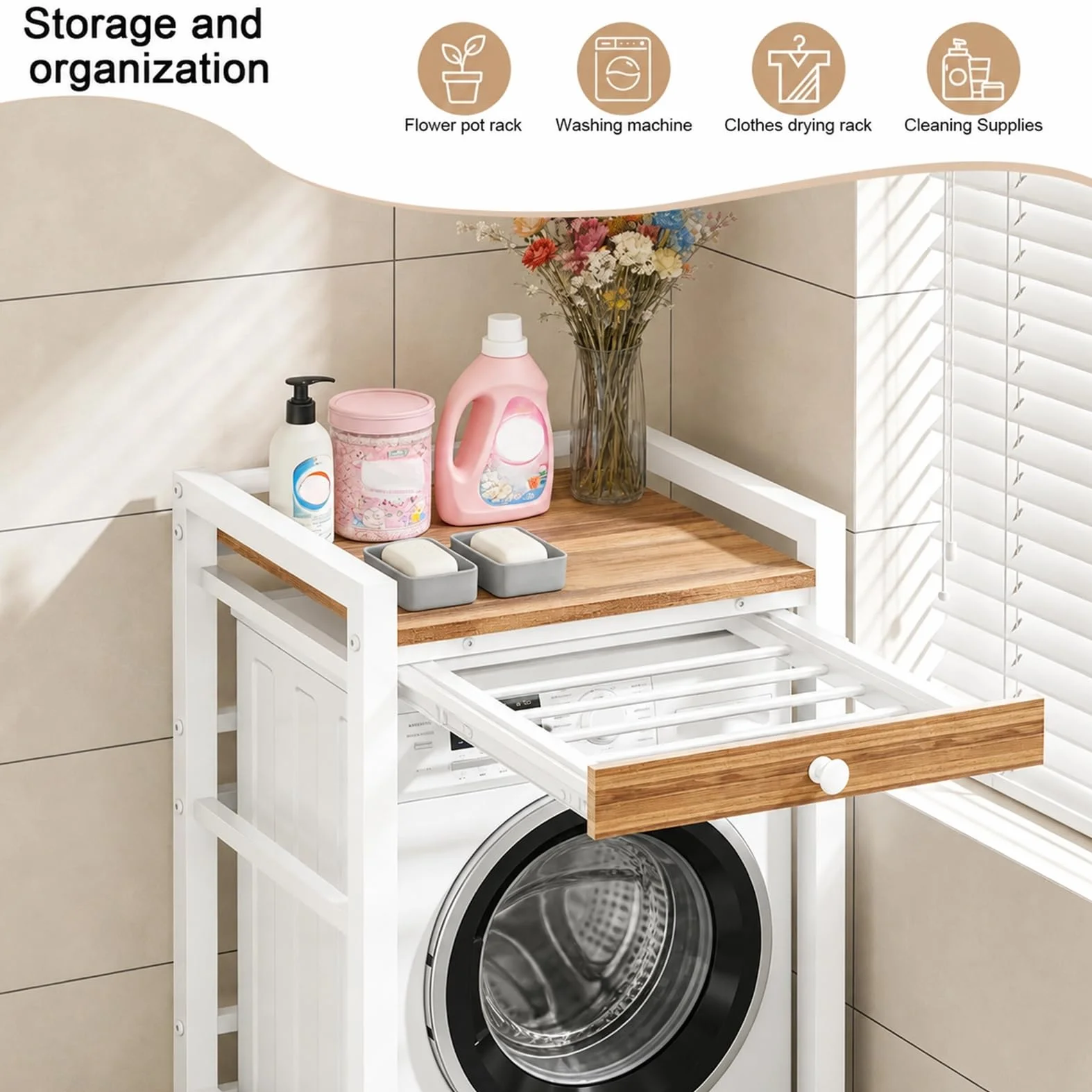 Estantería para lavadora, lavadora y secadora superpuestas, capacidad de carga de 300 kg, armario de lavadora para baño, cocina, balcón, lavandería (blanco con cajones)