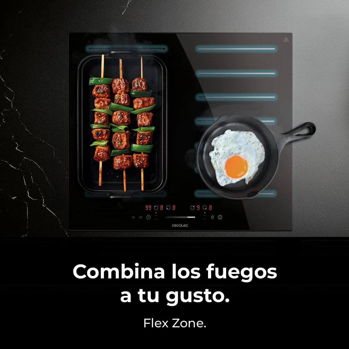 Cecotec Placa de Inducción 2 Zonas Flex Bolero Squad 4001 Flex. 7200W, 9 Niveles, Bajo Consumo, Temporizador, Booster Function, Control Táctil, Bloqueo para Niños, Stop&Go