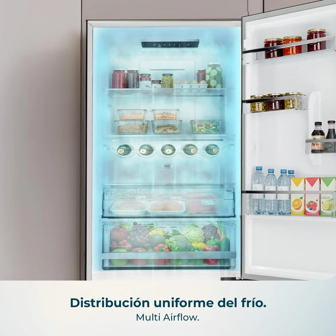 Cecotec Frigorífico Combi Total No Frost de 322L Bolero CoolMarket Combi 322i WD Inox E. 185,5 cm de Alto, 59,5 cm de Ancho, Clase E, Tecnología Multi Airflow, HumidityFlex HUB, LED Interior, Inox