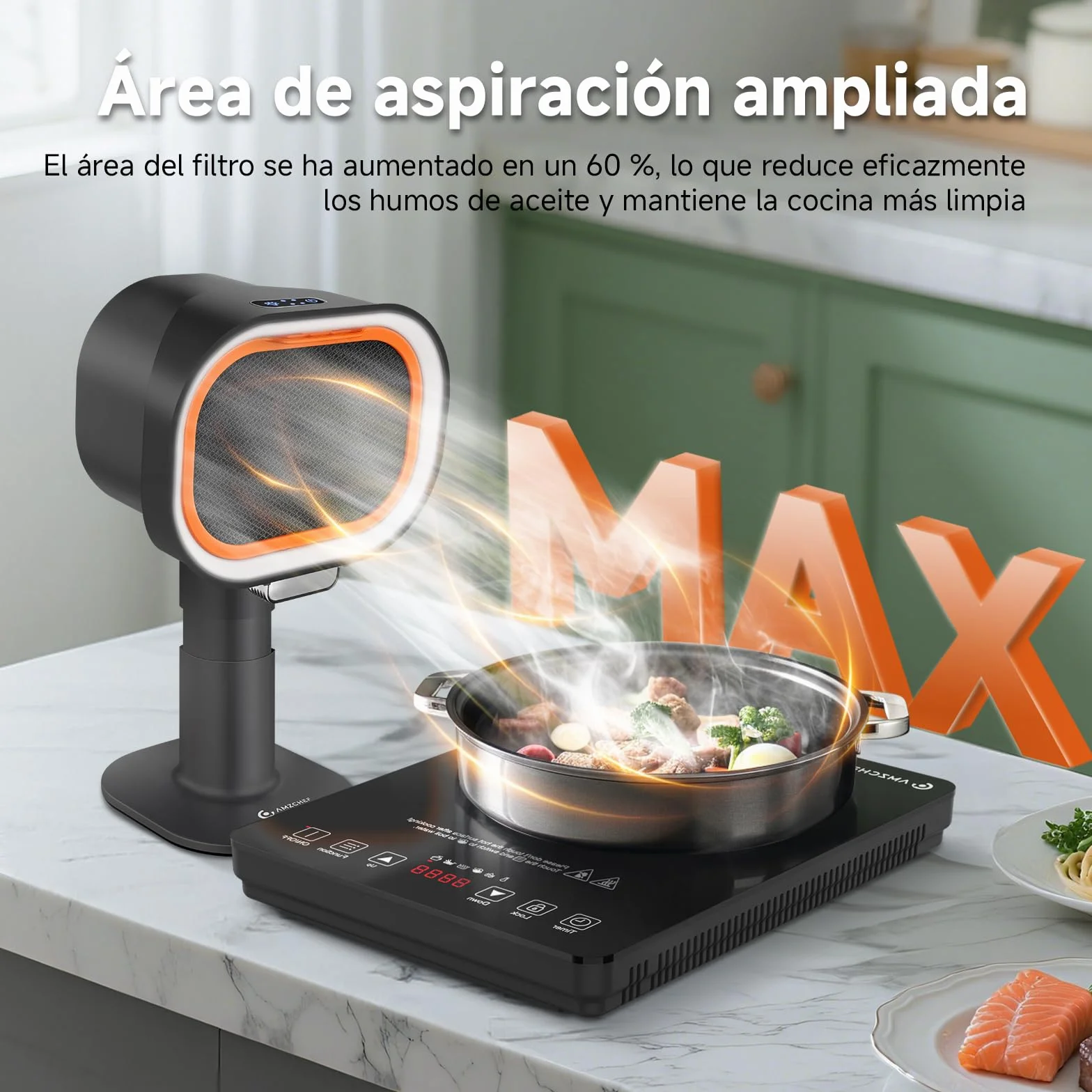 AMZCHEF Campana extractora portátil con altura telescópica e inclinación de 40°, 4 modos de velocidad, silenciosa, filtro de aluminio de gran calibre para apartamentos/BBQ/RV